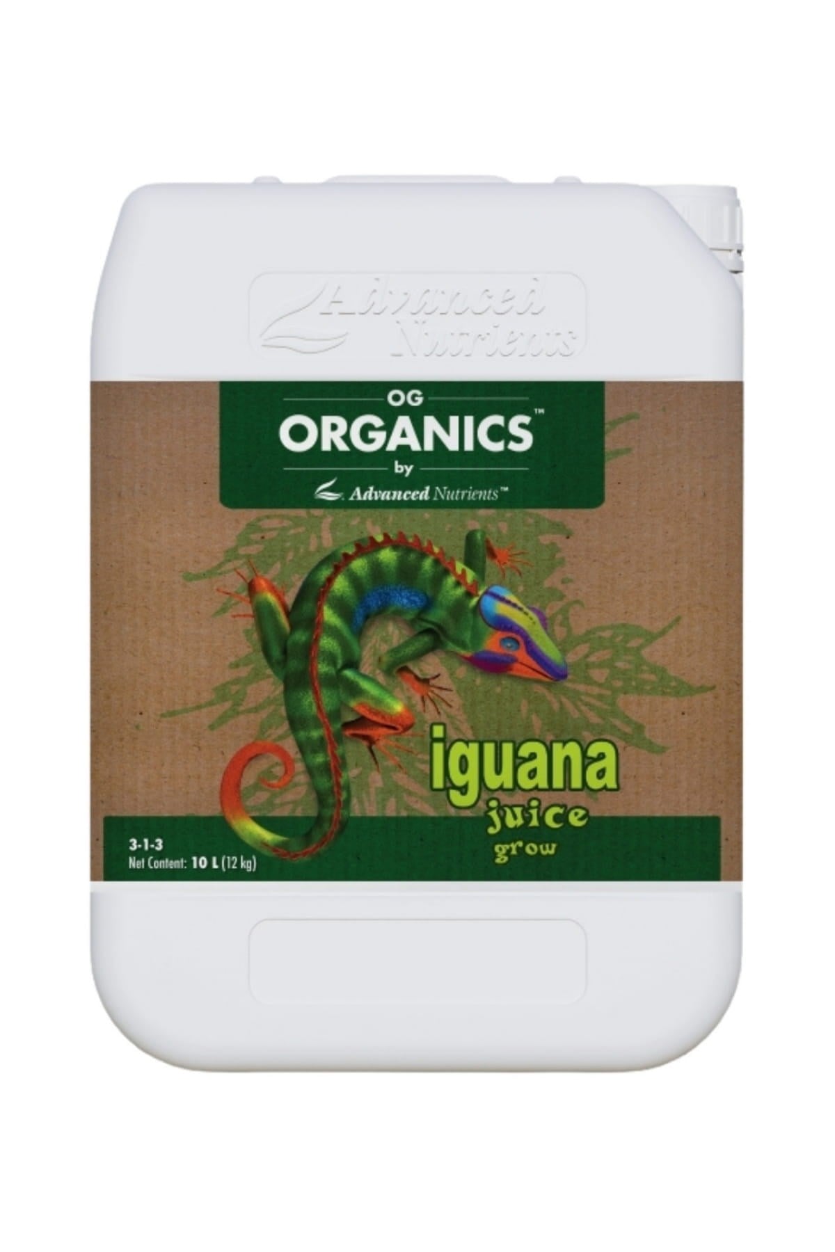 Iguana Juice Grow 10 litre beyaz bidon – kahverengi kraft etiket, yeşil bantlı iguana görseli, kulplu