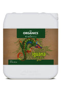 Iguana Juice Grow 5 litre beyaz kulplu bidon – kahverengi etiket, yeşil OG Organics bandı, iguana çizimi