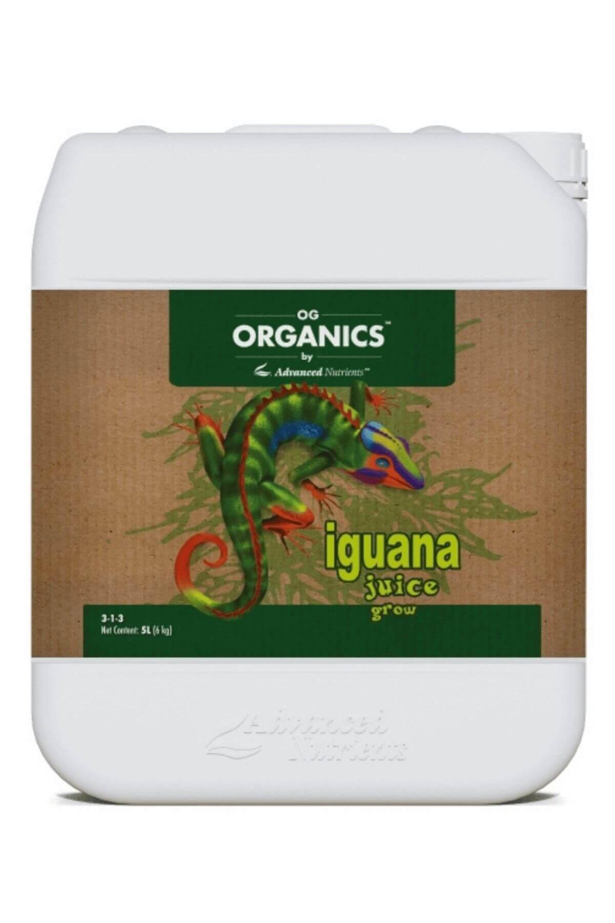 Iguana Juice Grow 5 litre beyaz kulplu bidon – kahverengi etiket, yeşil OG Organics bandı, iguana çizimi