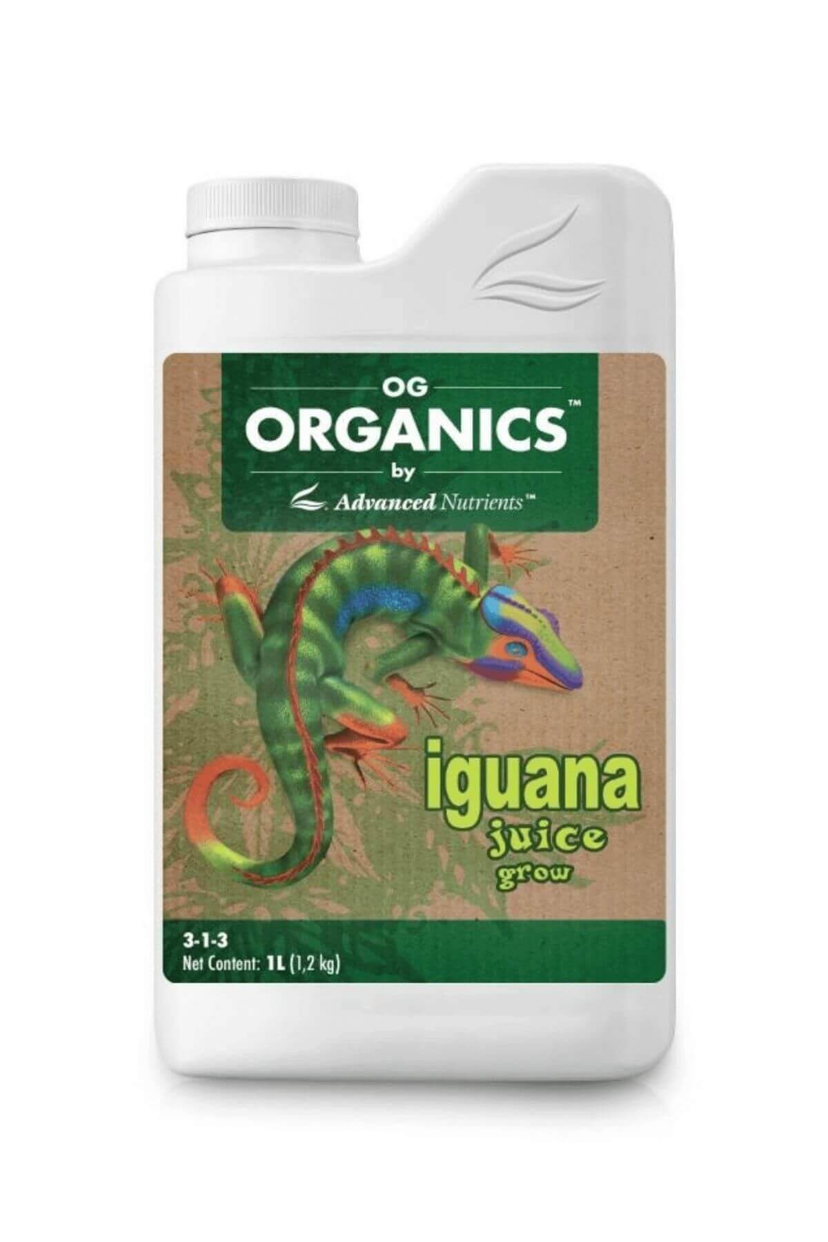 Iguana Juice Grow 1 litre beyaz şişe – kahverengi kraft etiket, yeşil bant, renkli iguana illüstrasyonu