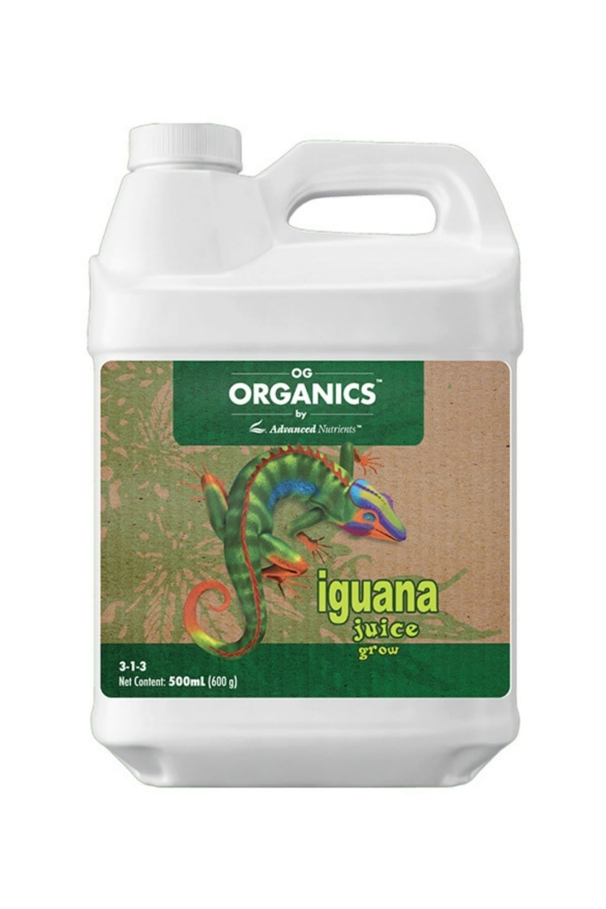 Iguana Juice Grow 500 ml beyaz bidon – kahverengi kraft etiket, yeşil OG Organics bandı, iguana çizimi