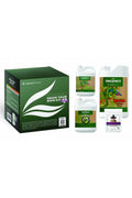 Organic Grow Your Own Kit – yeşil kutu ve yanında dört organik ürün şişesi ile tablet ambalajı