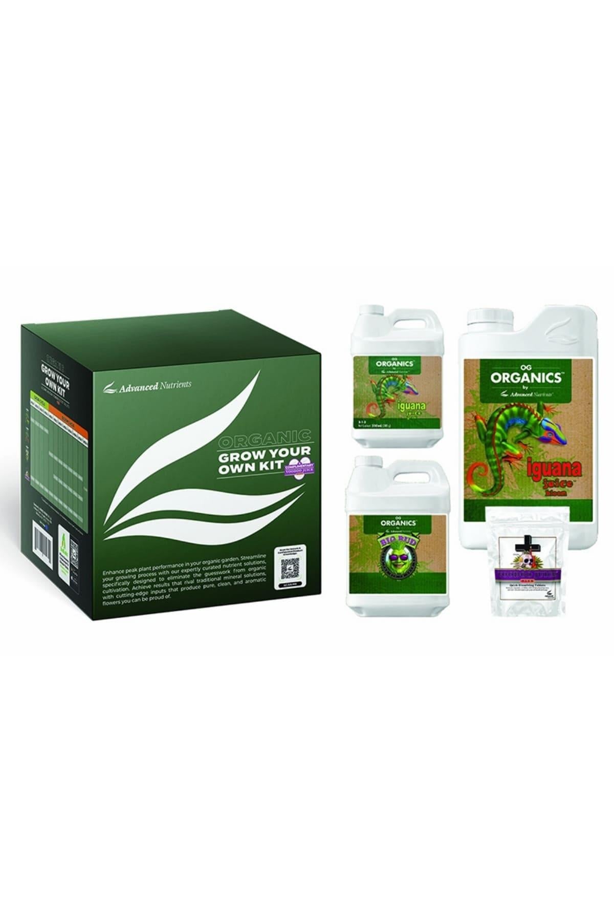Organic Grow Your Own Kit – yeşil kutu ve yanında dört organik ürün şişesi ile tablet ambalajı