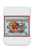 Overdrive 10 litre beyaz bidon – açık mavi etiket, kırmızı çerçeve, damalı bayraklı ön yüz, kulplu