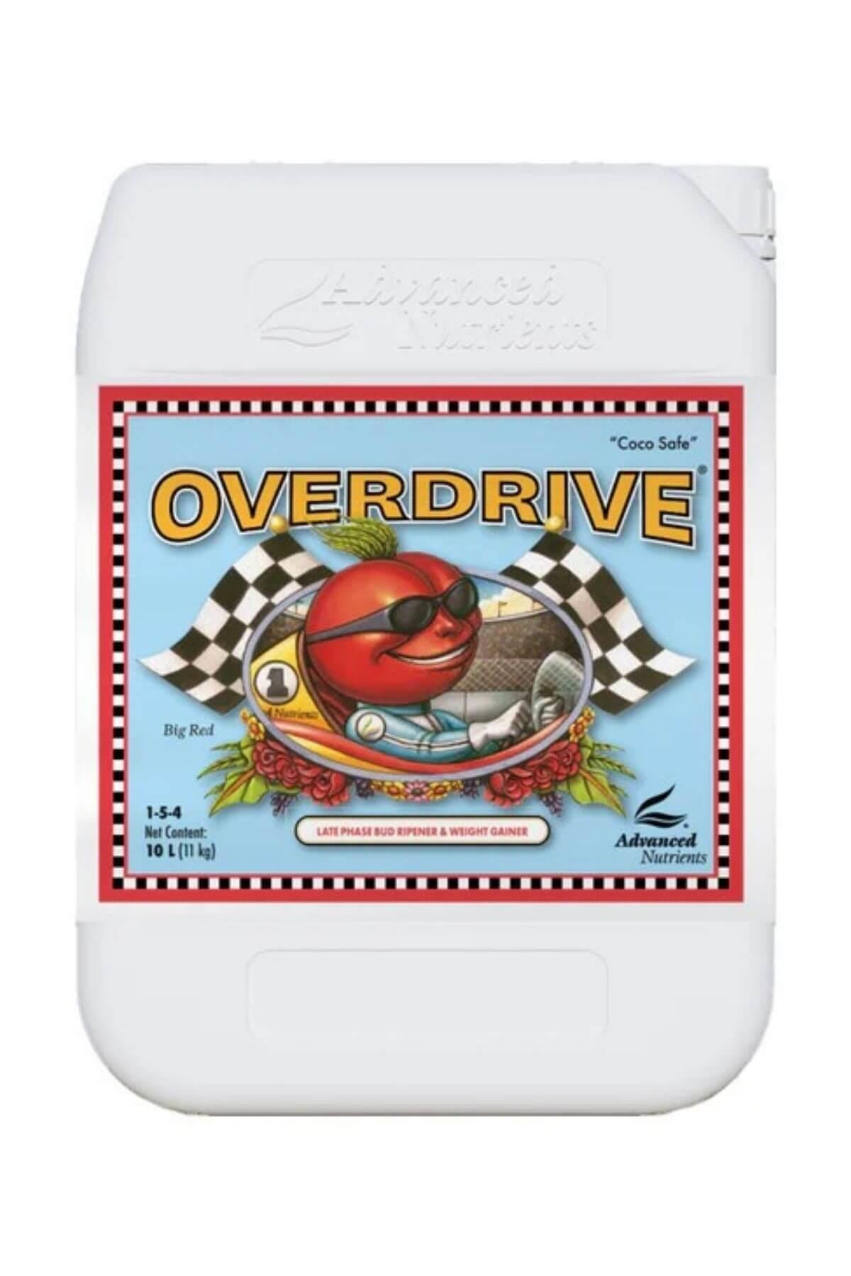 Overdrive 10 litre beyaz bidon – açık mavi etiket, kırmızı çerçeve, damalı bayraklı ön yüz, kulplu