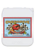 Overdrive 5 litre beyaz kulplu bidon – açık mavi etiket, damalı bayraklı çizim, geniş vidalı kapak