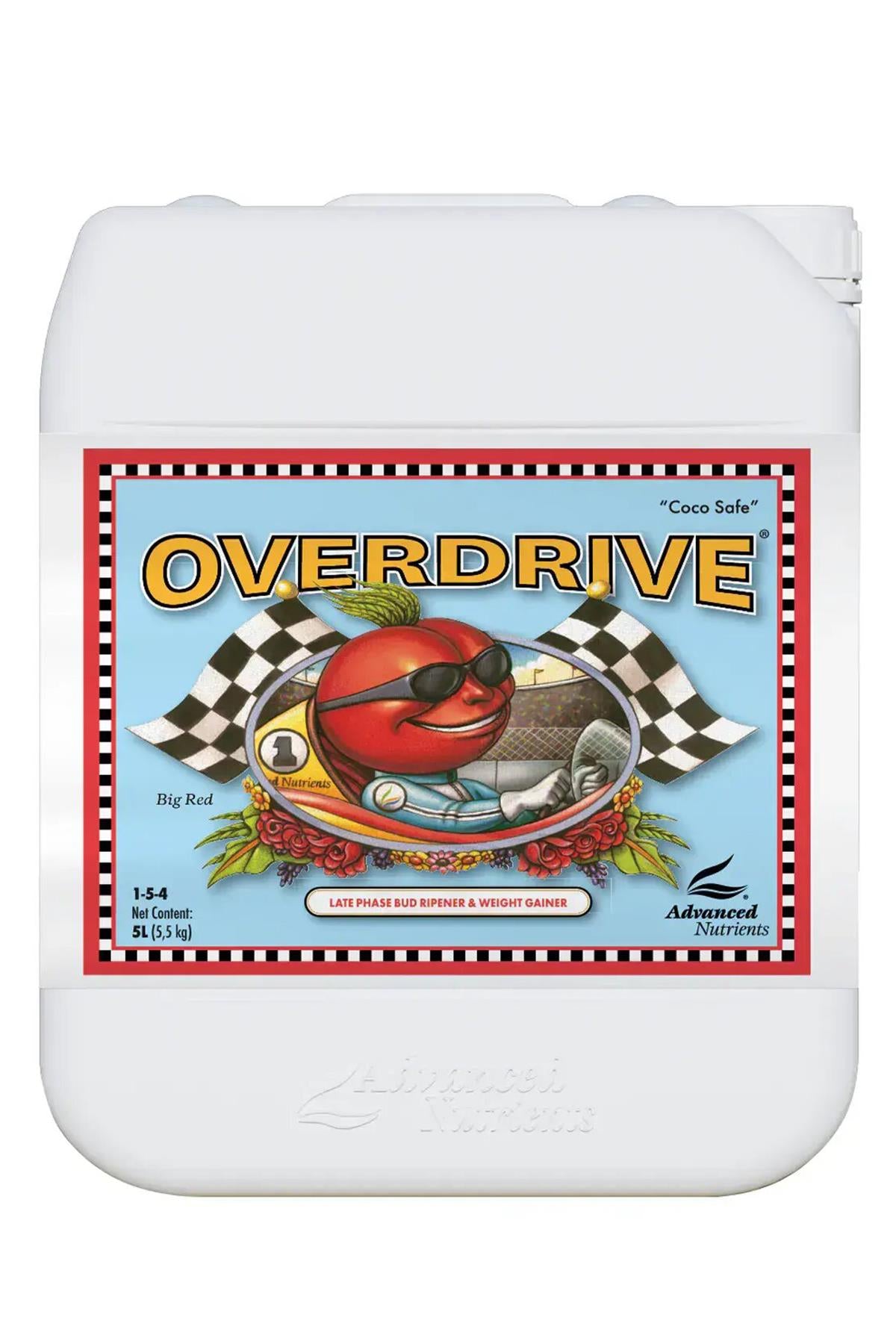 Overdrive 5 litre beyaz kulplu bidon – açık mavi etiket, damalı bayraklı çizim, geniş vidalı kapak