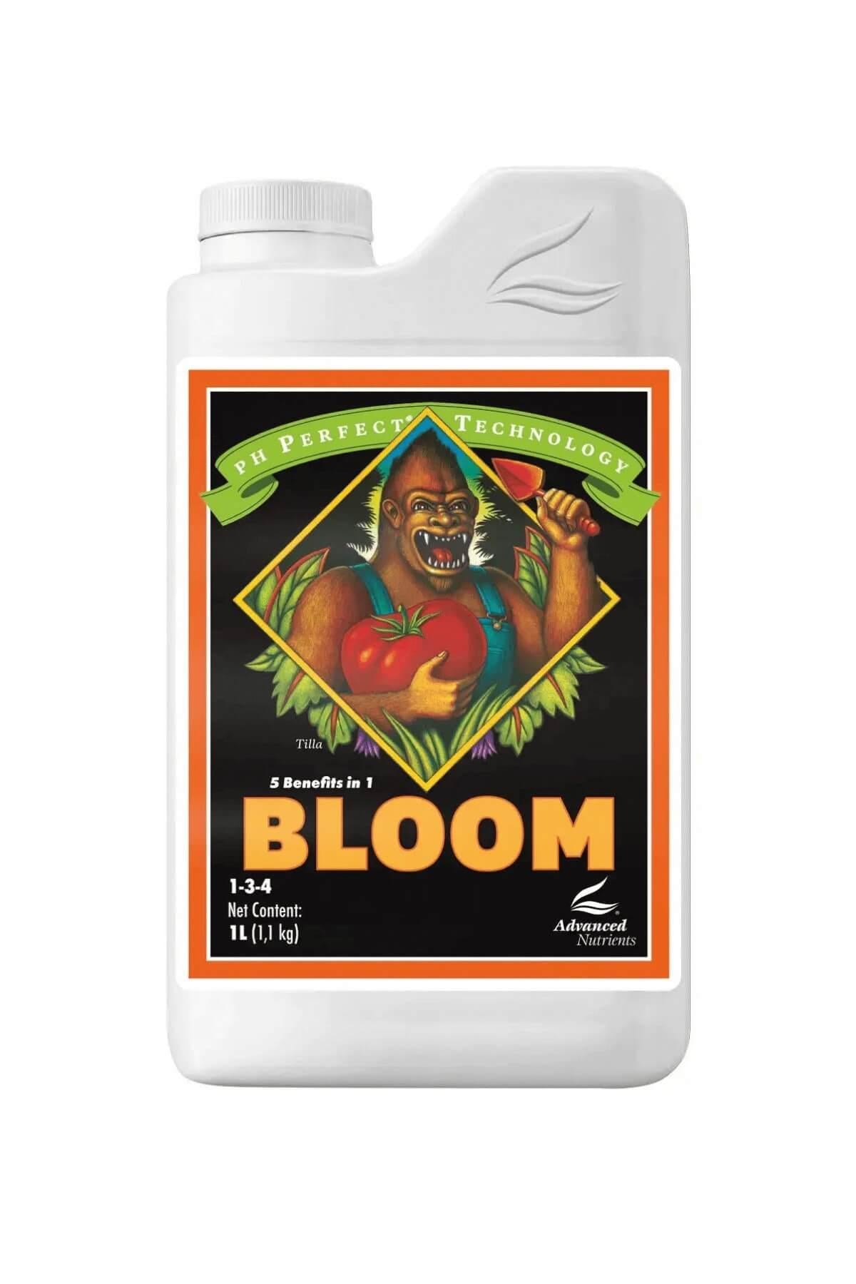 pH Perfect Bloom 1 litre beyaz şişe – siyah etiket, turuncu çerçeveli tasarım, 1-3-4 yazılı ön yüz