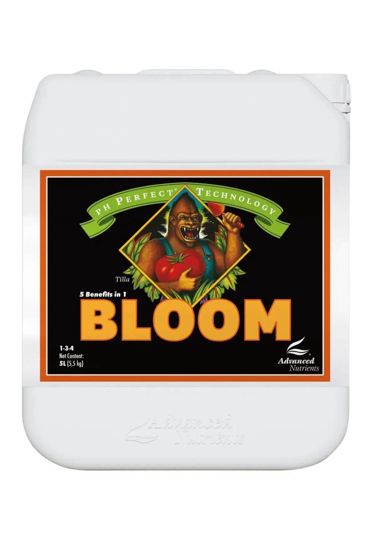pH Perfect Bloom 5 litre beyaz kulplu bidon – siyah etiket, turuncu çerçeve, figürlü çizim, kapaklı