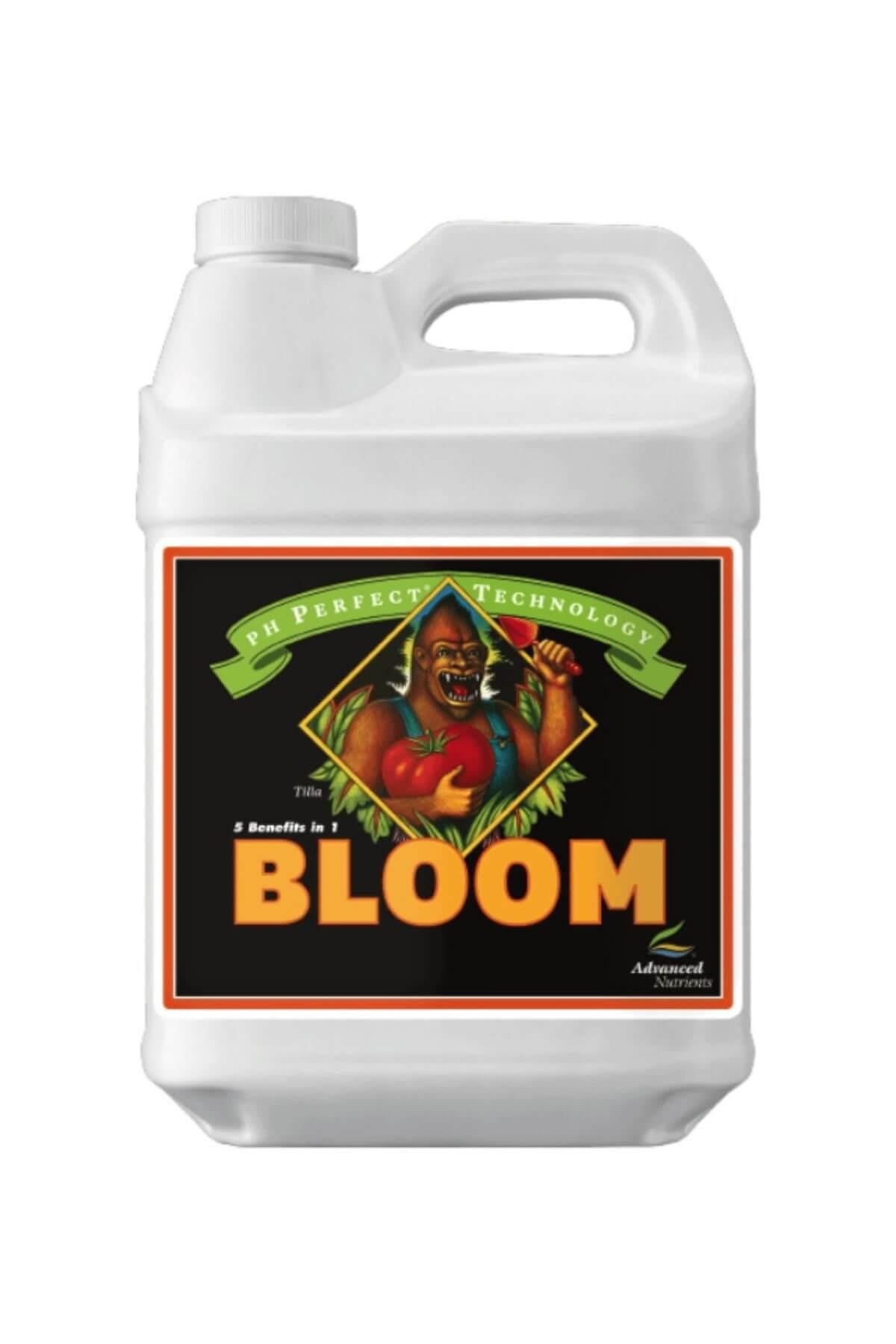 pH Perfect Bloom 500 ml beyaz bidon – siyah etiket, turuncu çerçeve, meyve tutan figürlü elmas çizim