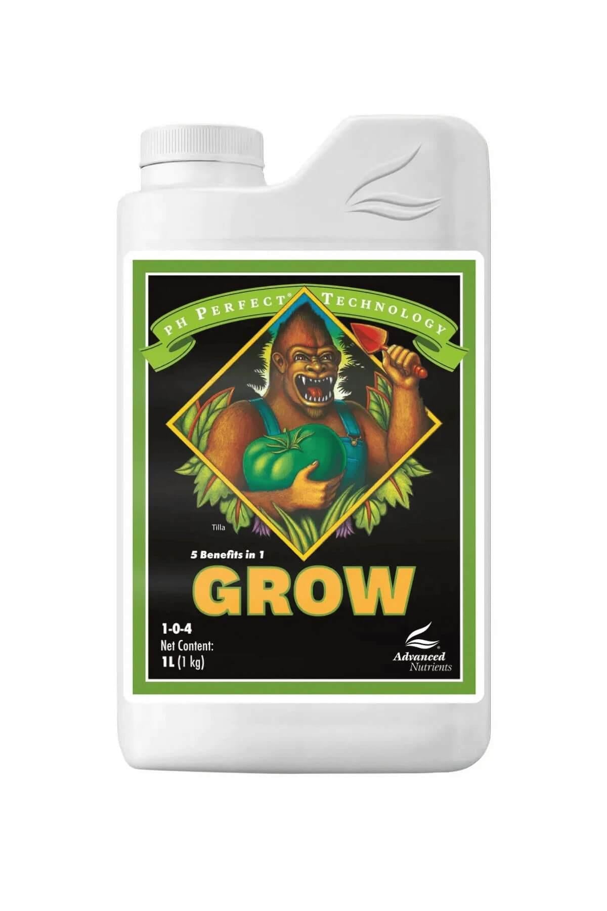 pH Perfect Grow 1 litre beyaz şişe – siyah etiket, yeşil çerçeveli tasarım, 1-0-4 yazılı ön yüz