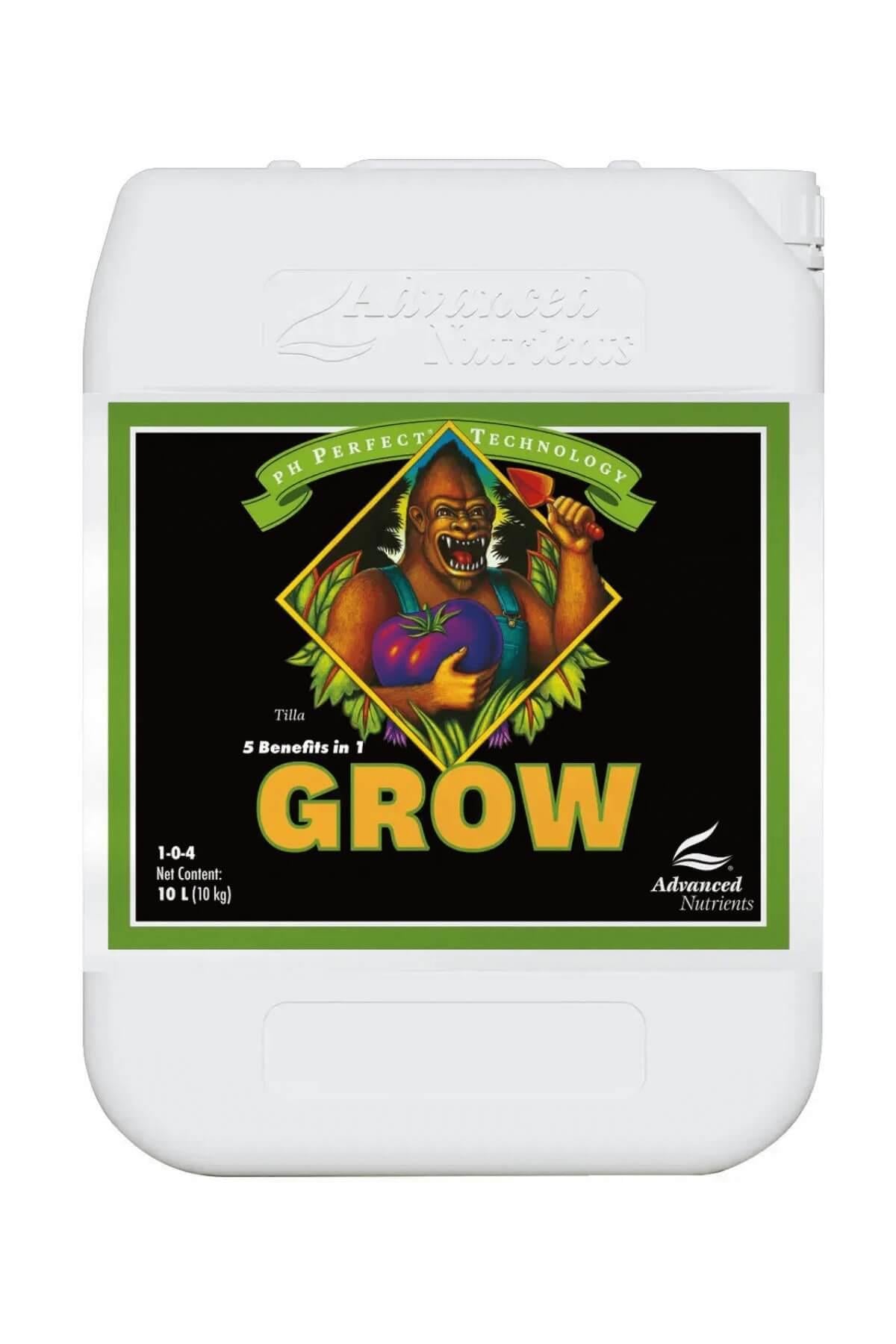 pH Perfect Grow 10 litre beyaz bidon – siyah etiket, yeşil çerçeveli figürlü çizim, kulplu geniş gövde
