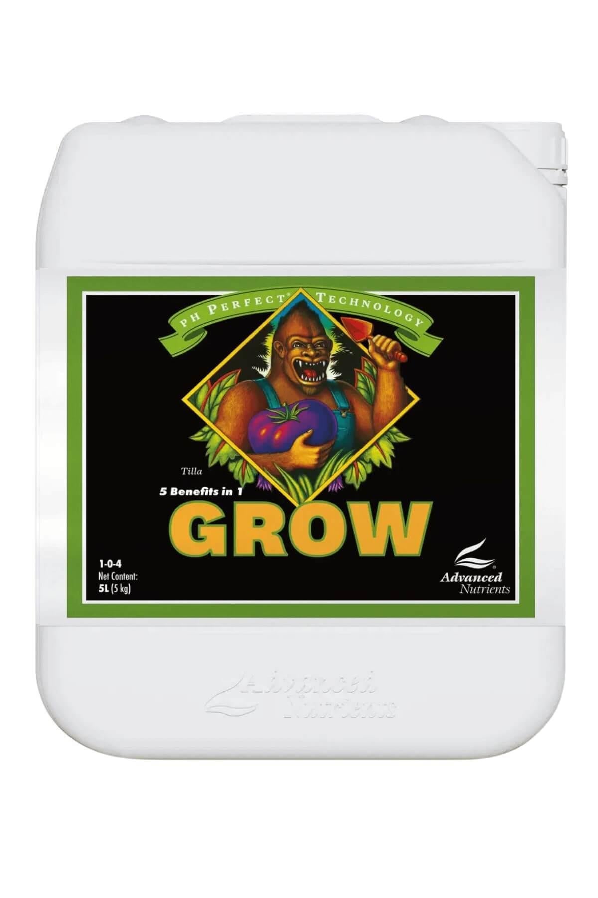 pH Perfect Grow 5 litre beyaz kulplu bidon – siyah etiket, yeşil çerçeve, figürlü çizim, geniş kapak