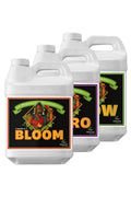 pH Perfect Grow Bloom Micro 500 ml üçlü set – beyaz şişeler, siyah etiket, yeşil mor turuncu çerçeve