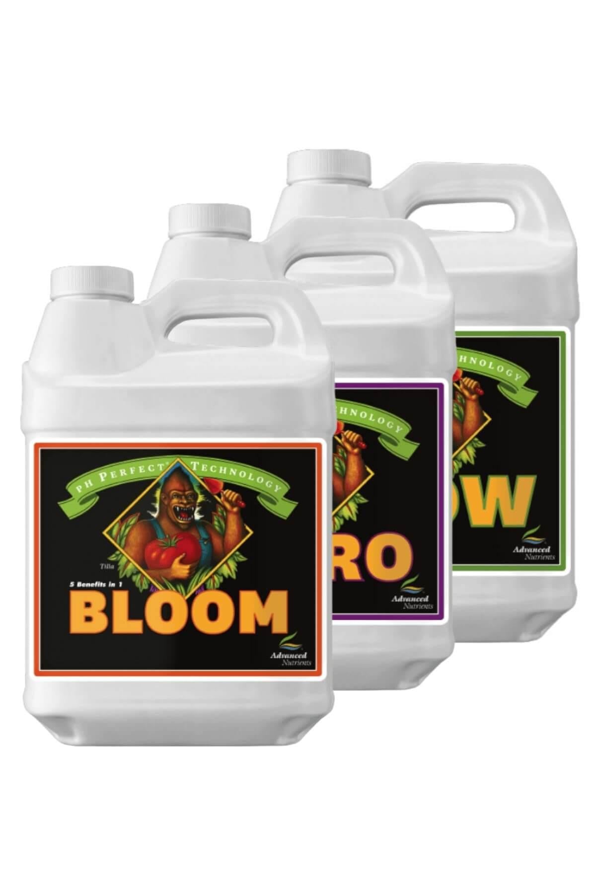 pH Perfect Grow Bloom Micro 500 ml üçlü set – beyaz şişeler, siyah etiket, yeşil mor turuncu çerçeve
