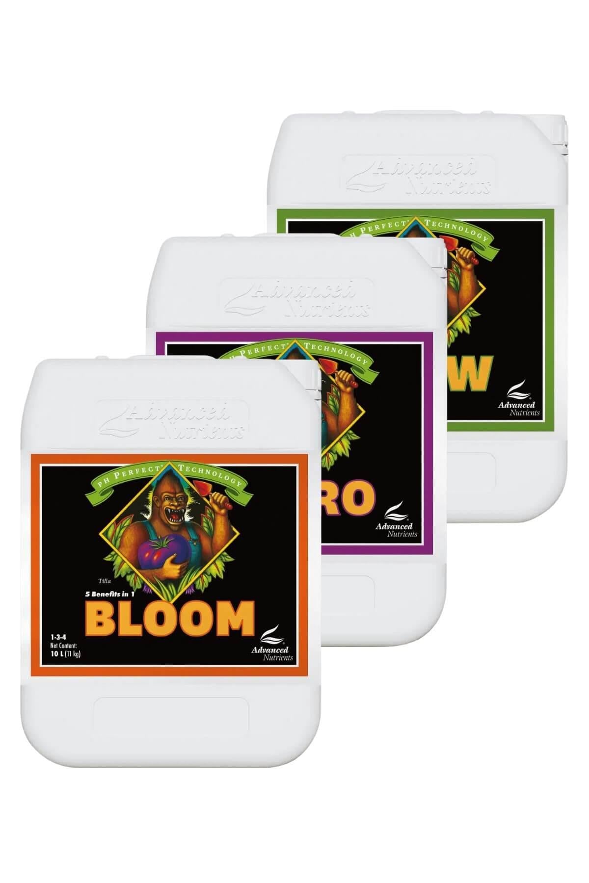pH Perfect Grow Bloom Micro 10 litre üçlü set – beyaz bidonlar, siyah etiket, renkli çerçeveli tasarım