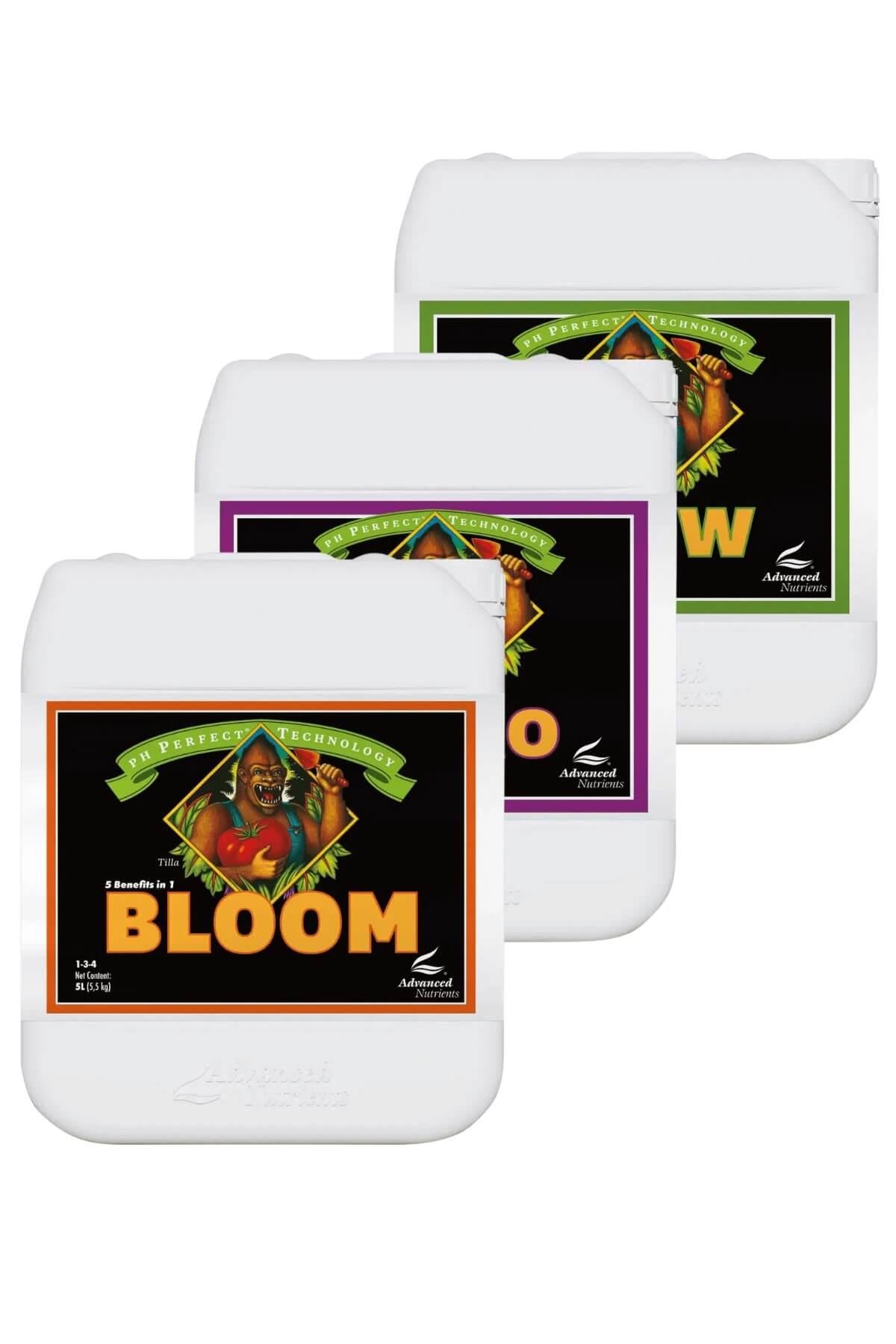 pH Perfect Grow Bloom Micro 5 litre üçlü set – beyaz bidonlar, siyah etiketli, kulplu gövde, kapaklı