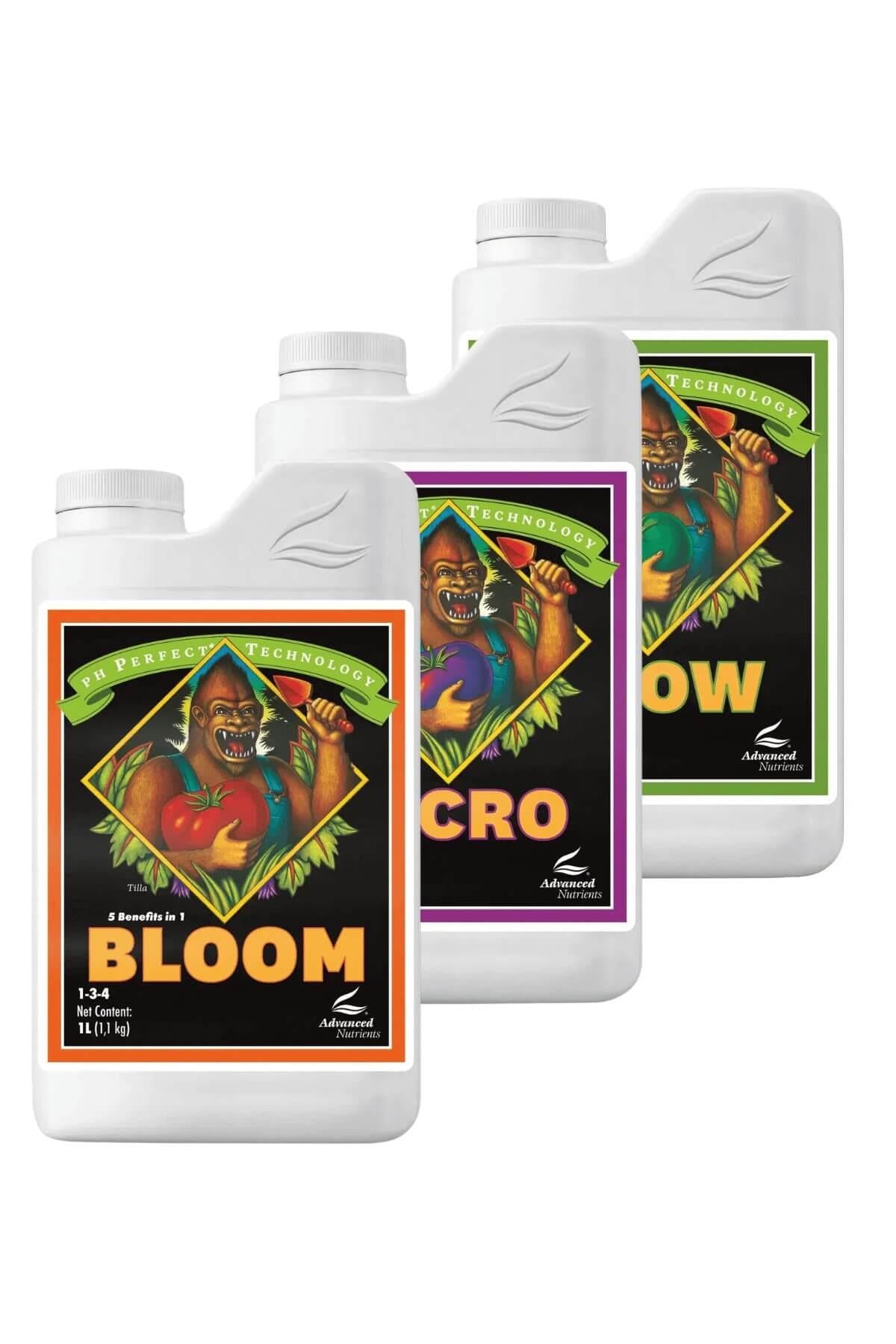 pH Perfect Grow Bloom Micro 1 litre üçlü set – beyaz şişeler, siyah etiketli, renkli çerçeveli ön yüz