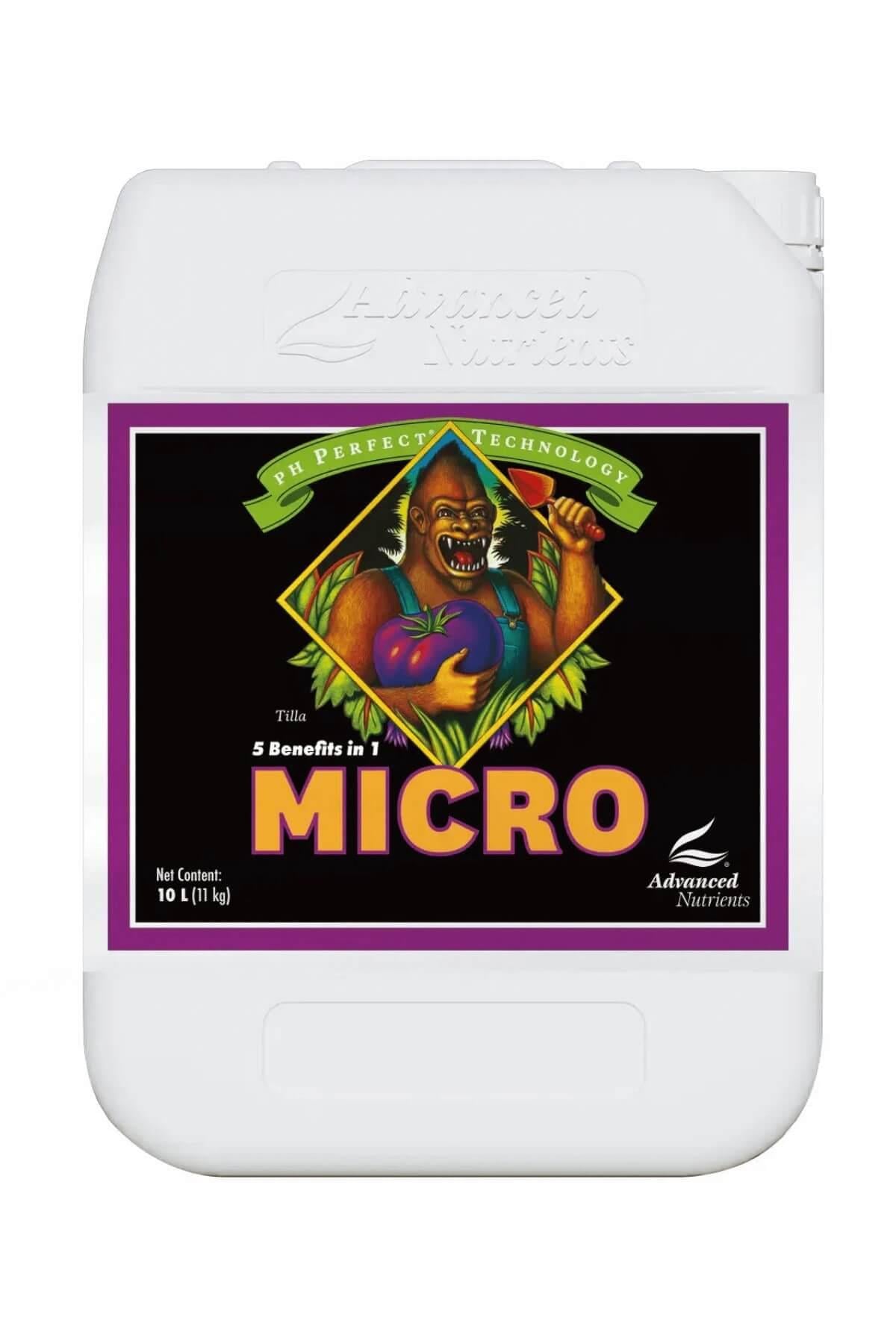 pH Perfect Micro 10 litre beyaz bidon – siyah etiket, mor çerçeveli figürlü çizim, kulplu geniş gövde