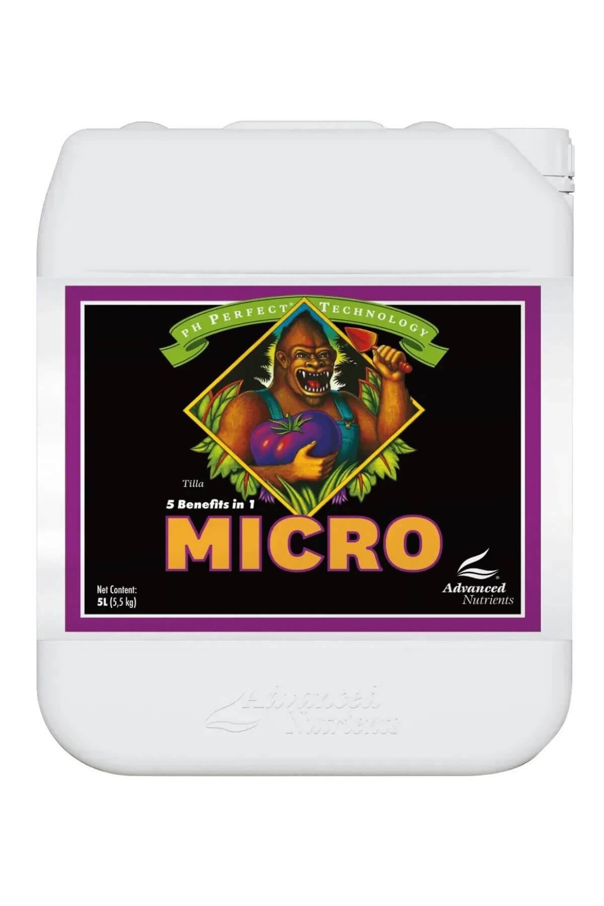pH Perfect Micro 5 litre beyaz kulplu bidon – siyah etiket, mor çerçeve, figürlü çizim, geniş kapak