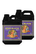 Sensi Bloom Part A ve Part B 500 ml siyah şişeler – mor etiket, altın çerçeve, çiçekli kadın portresi