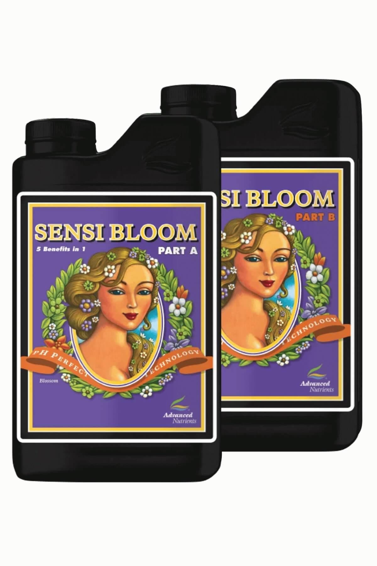 Sensi Bloom Part A ve Part B 1 litrelik siyah şişeler – mor etiket, altın çerçeveli kadın portreli çizim