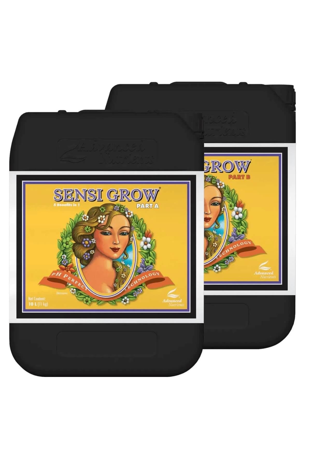 Sensi Grow Part A ve Part B 10 litrelik siyah bidonlar – sarı etiket, altın çerçeveli portre görseli