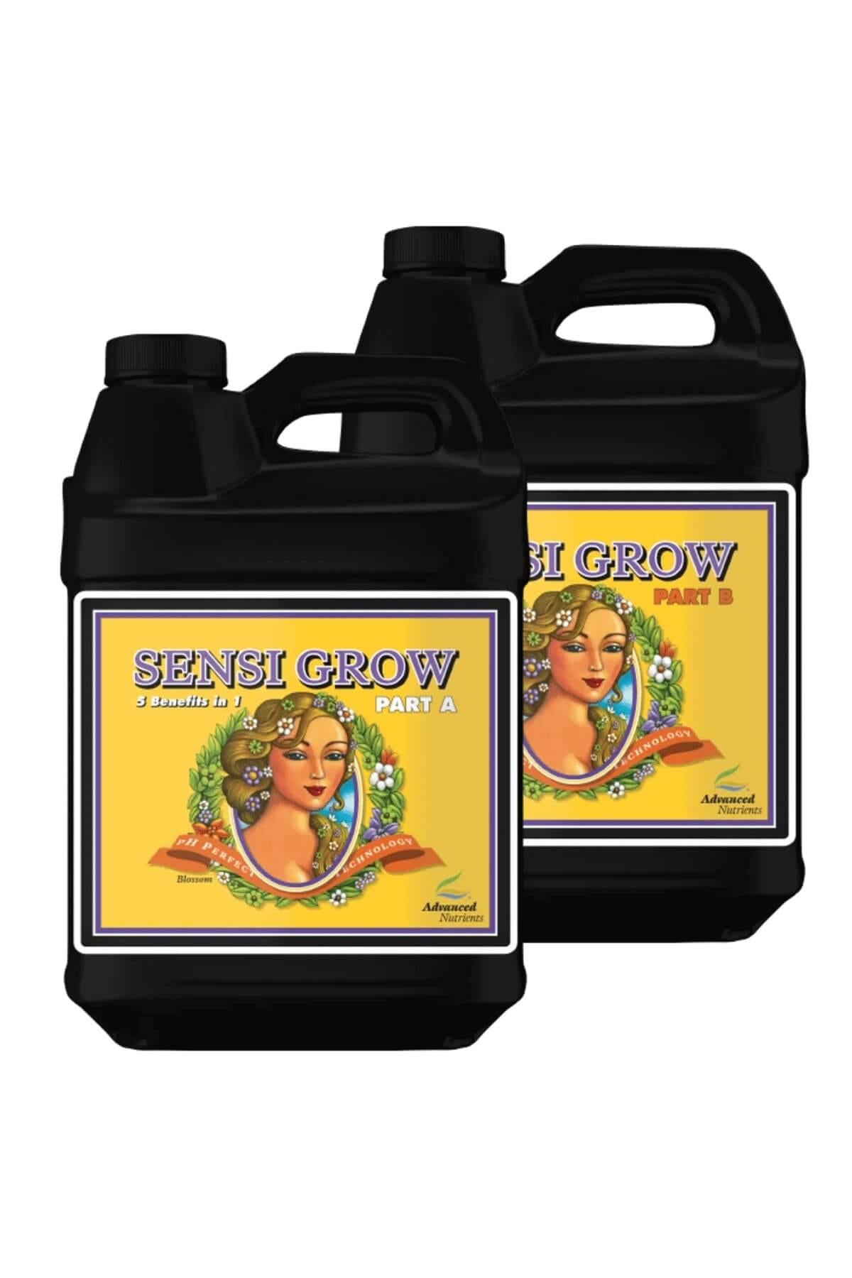 Sensi Grow Part A ve Part B 500 ml siyah şişeler – sarı turuncu etiket, çiçekli kadın portreli çizim