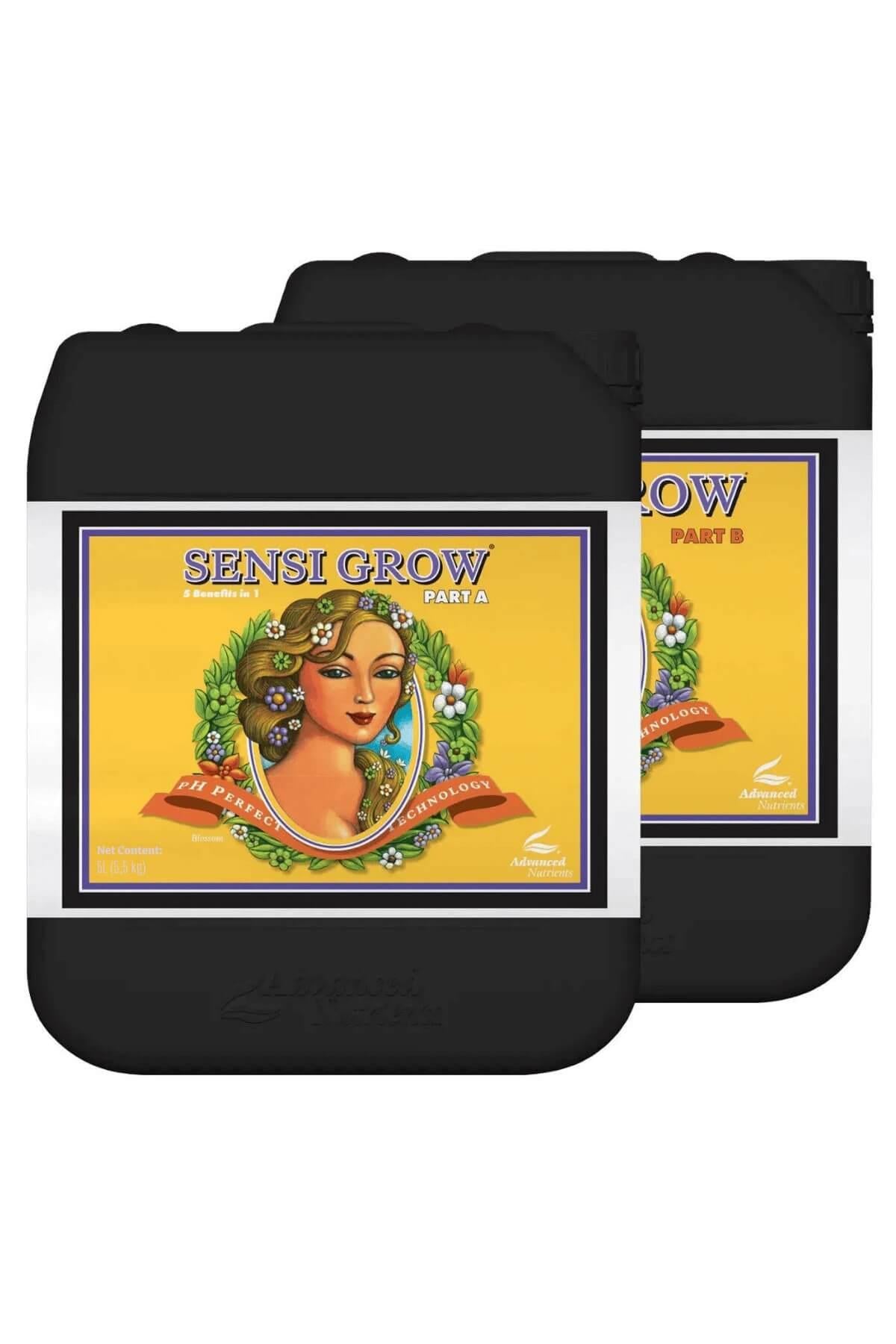 Sensi Grow Part A ve Part B 5 litrelik siyah bidonlar – sarı etiket, altın çerçeve, kadın portreli görsel