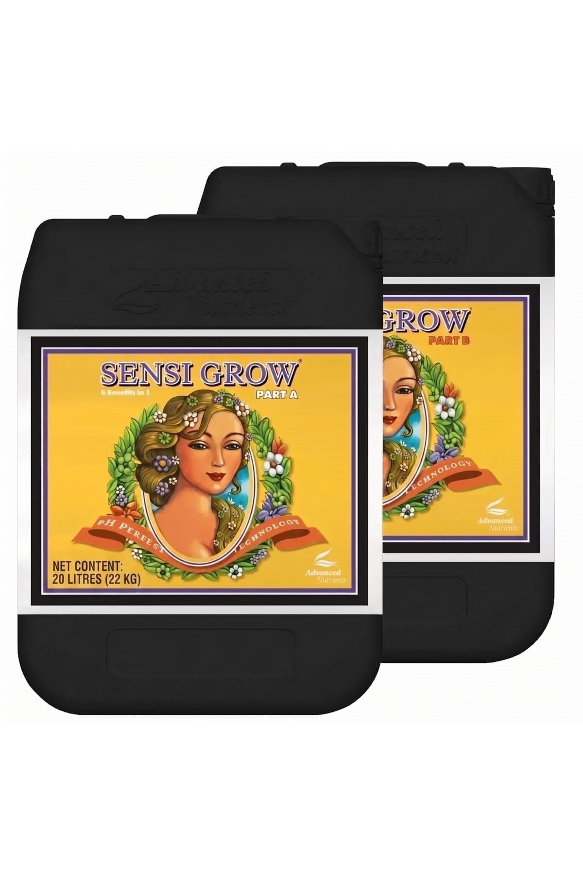 Sensi Grow Part A ve Part B 20 litrelik siyah bidonlar – sarı etiket, altın çerçeve, büyük gövdeli kap