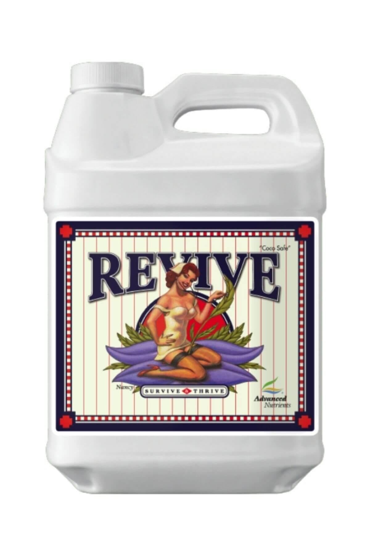 Revive 250 ml beyaz plastik bidon – krem rengi etiket, kırmızı mavi çerçeve, mor yapraklı figür çizimi