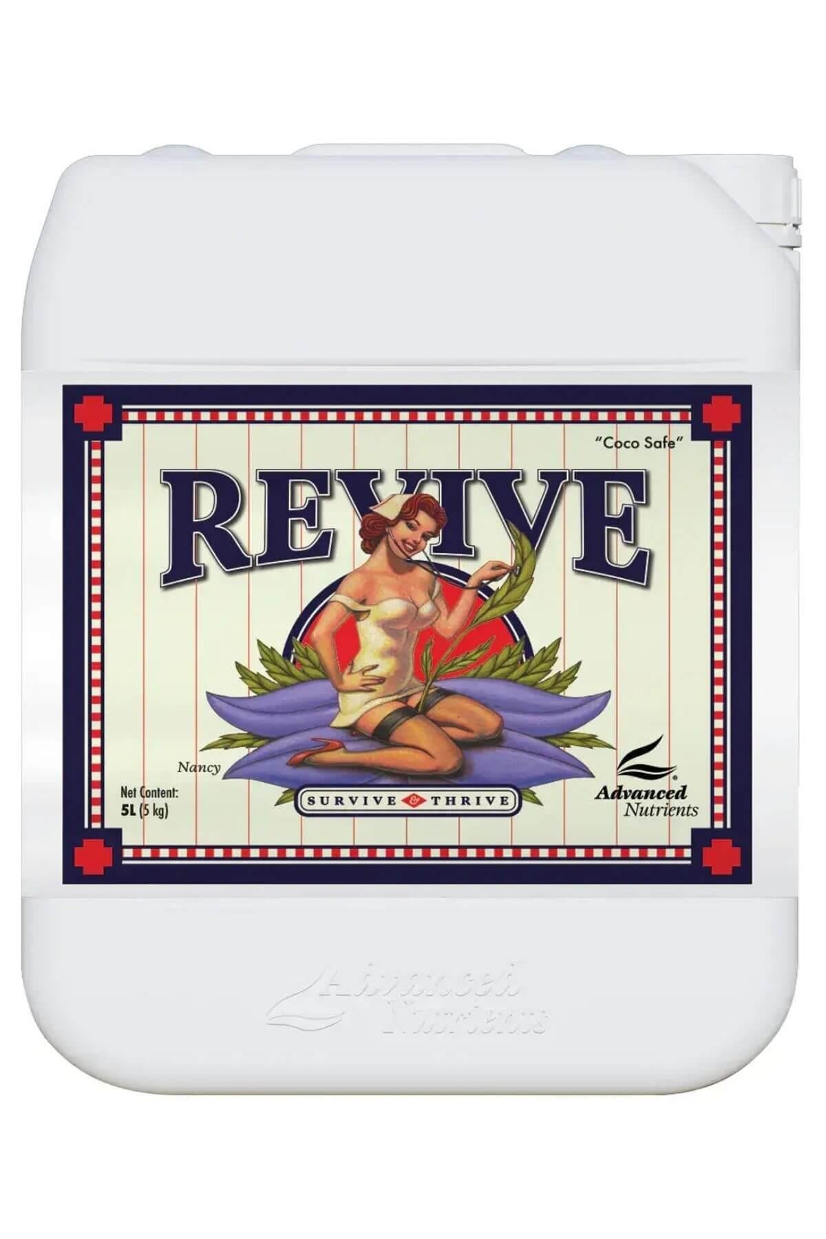 Revive 5 litre beyaz kulplu bidon – krem etiket, kırmızı mavi çerçeveli figürlü çizim, geniş kapak