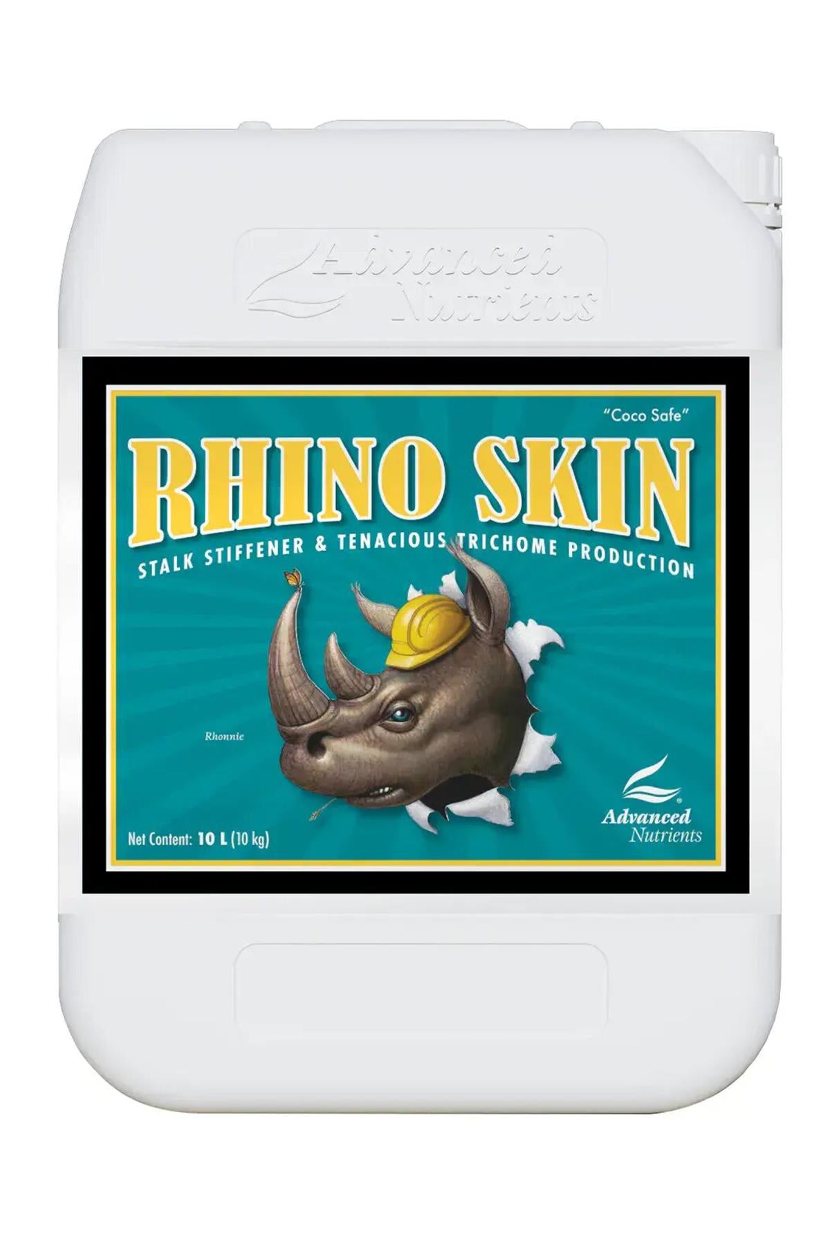 Rhino Skin 10 litre beyaz bidon – turkuaz etiket, sarı baretli gergedan çizimi, kulplu geniş gövde