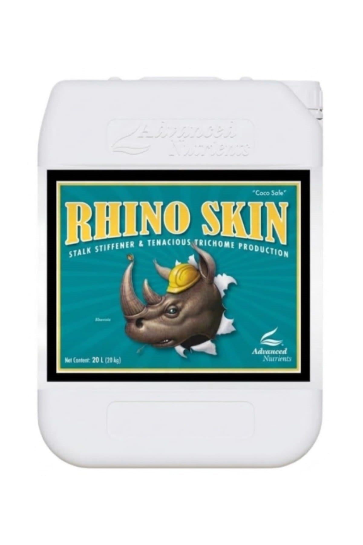 Rhino Skin 20 litre beyaz bidon – turkuaz etiket, gergedan başı görseli, büyük gövde ve geniş kapak