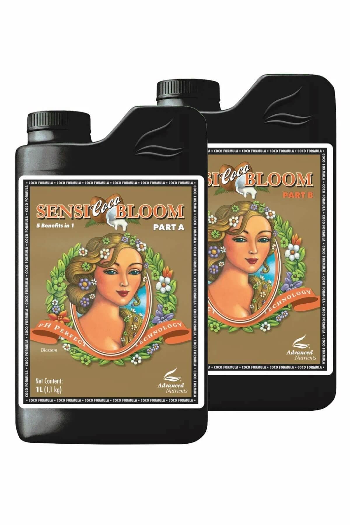 Sensi Coco Bloom Part A ve Part B 1 litrelik siyah şişeler – kahverengi etiket, kadın portreli çizim