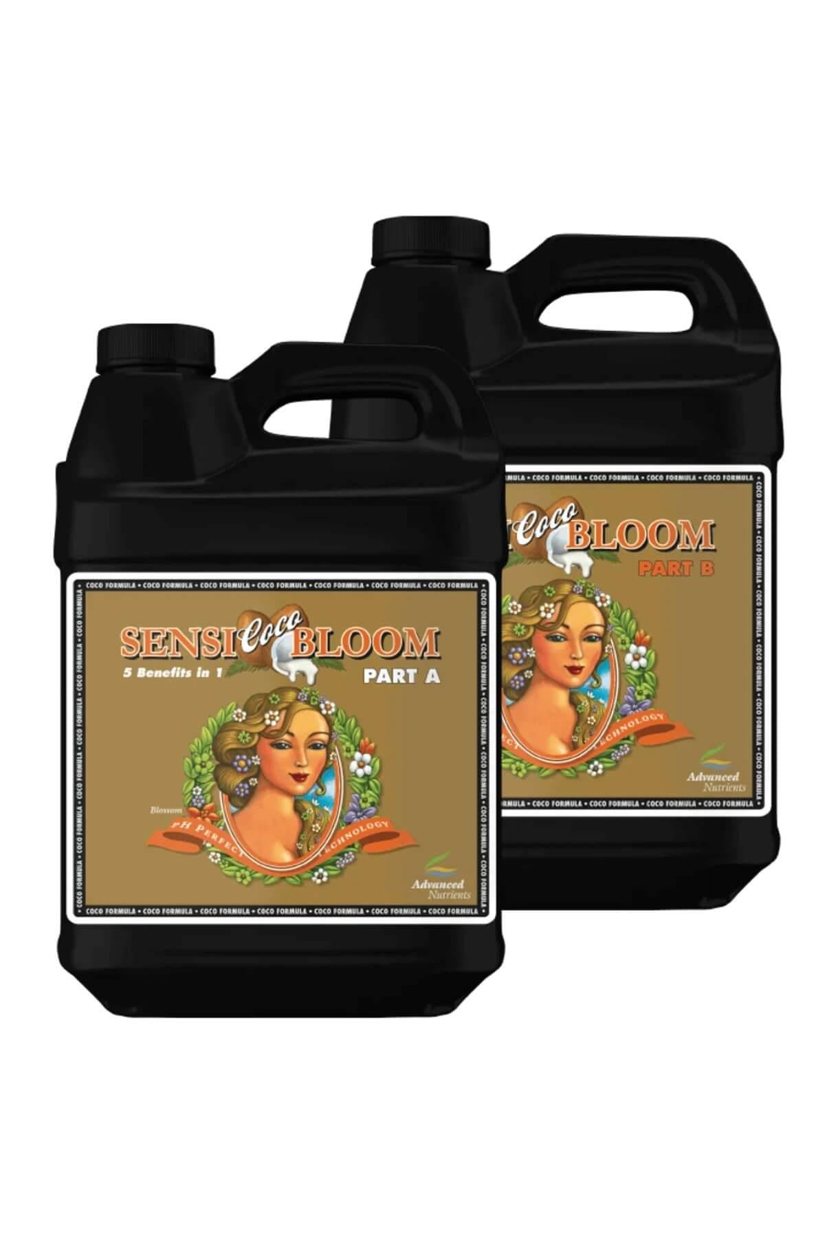 Sensi Coco Bloom Part A ve Part B 500 ml siyah şişeler – kahverengi etiket, çiçekli kadın portreli çizim