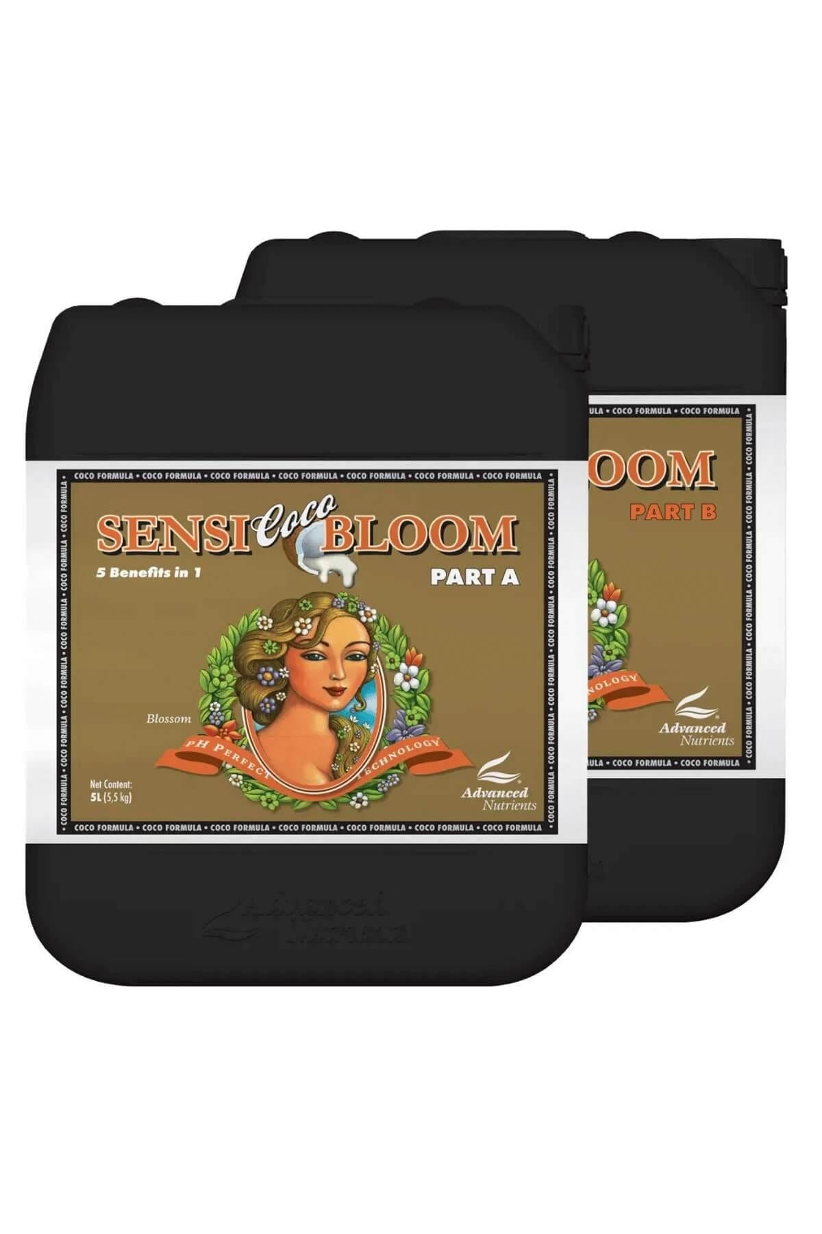 Sensi Coco Bloom Part A ve Part B 5 litrelik siyah bidonlar – kahverengi etiket, portreli çizim, kulplu