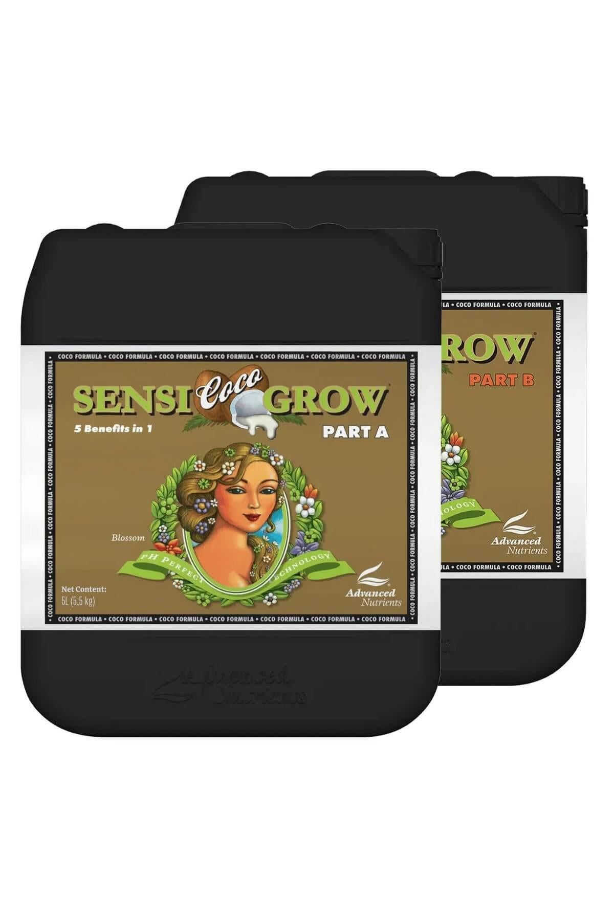 Sensi Coco Grow Part A ve Part B 5 litrelik siyah bidonlar – kahve yeşil etiket, portreli görsel, kulplu
