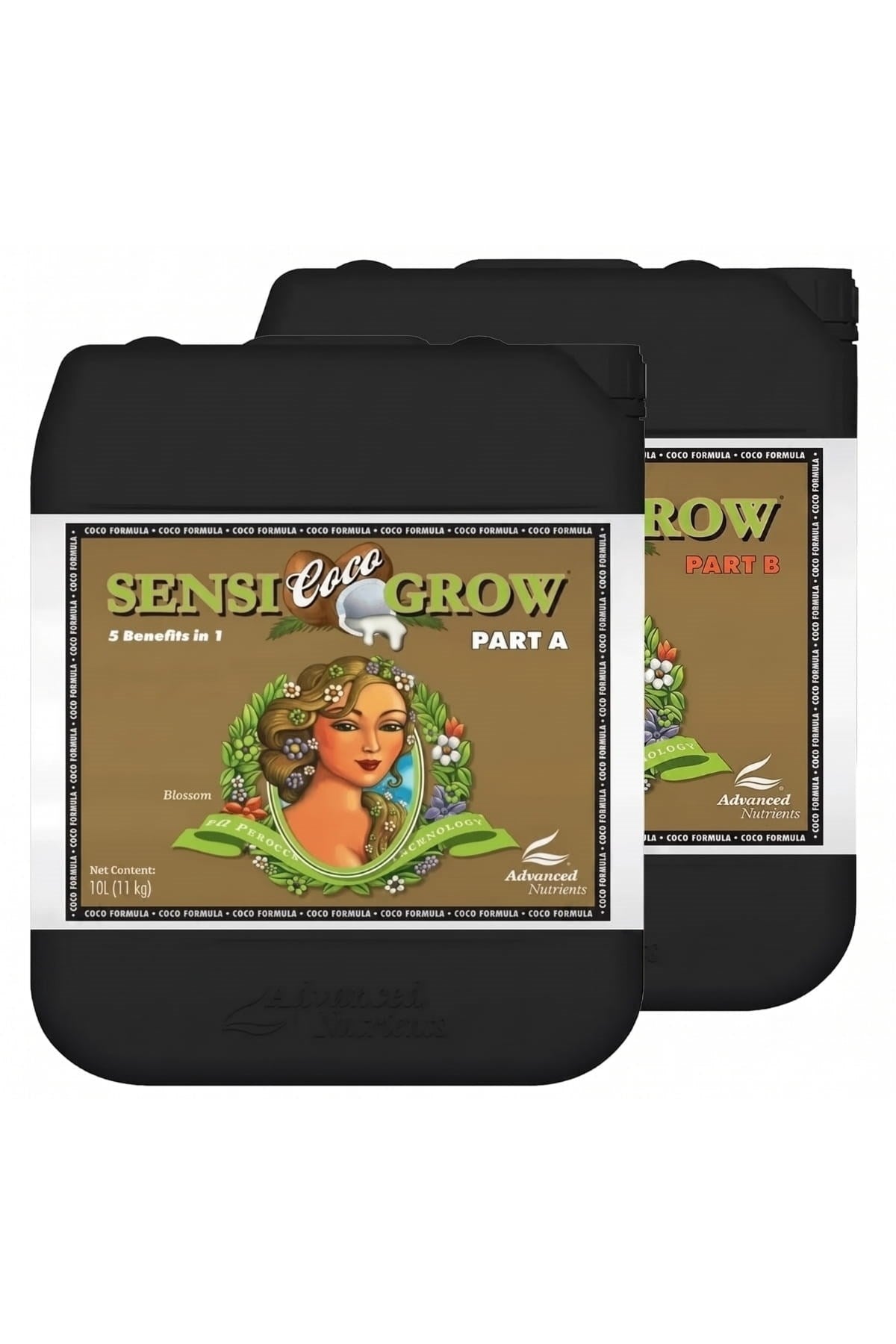 Sensi Coco Grow Part A ve Part B 10 litrelik siyah bidonlar – kahve yeşil etiket, büyük gövde, kulplu