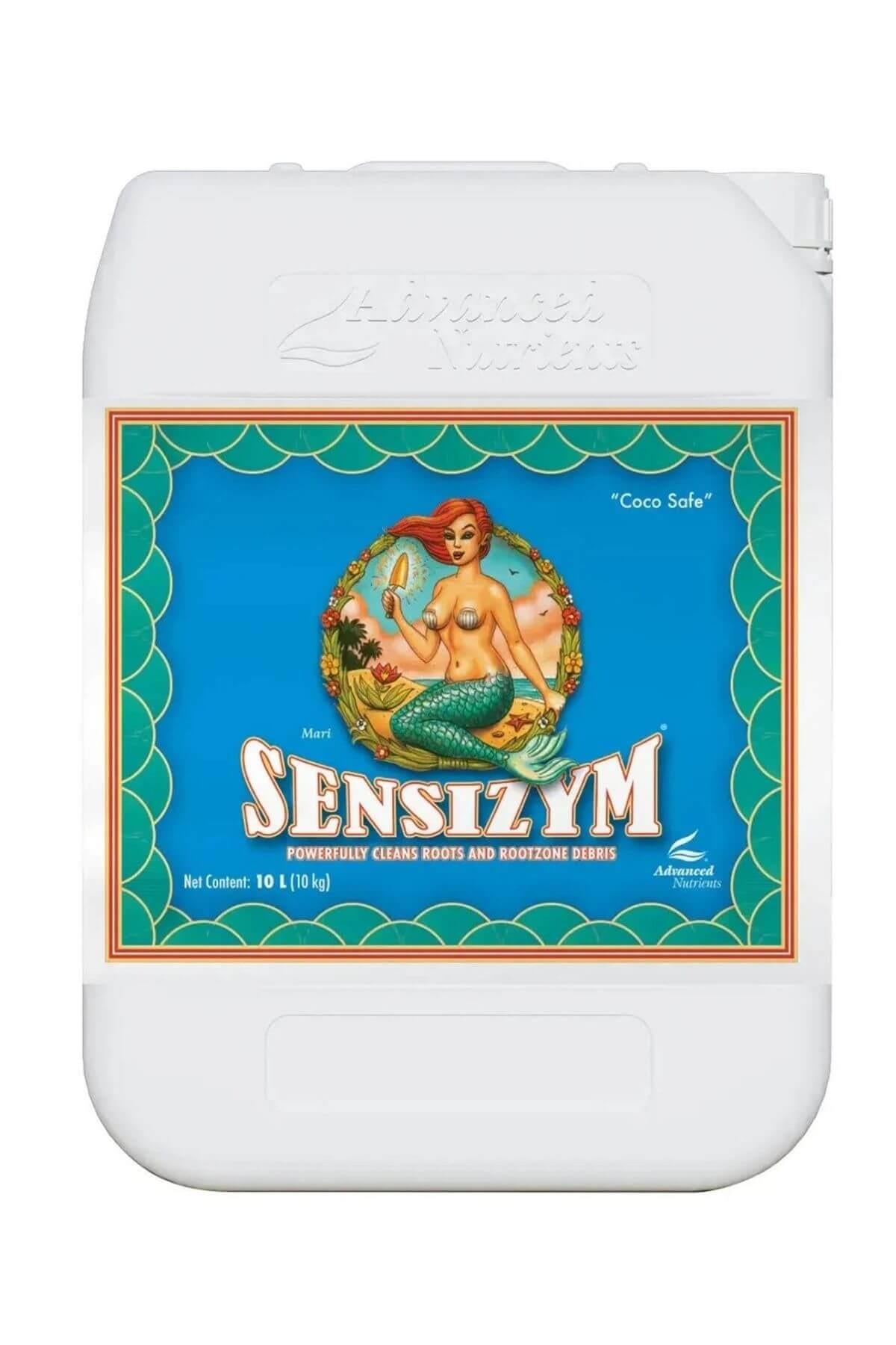 Sensizym 10 litre beyaz bidon – mavi etiket, yeşil pullu çerçeve, deniz kızı çizimi, kulplu gövde