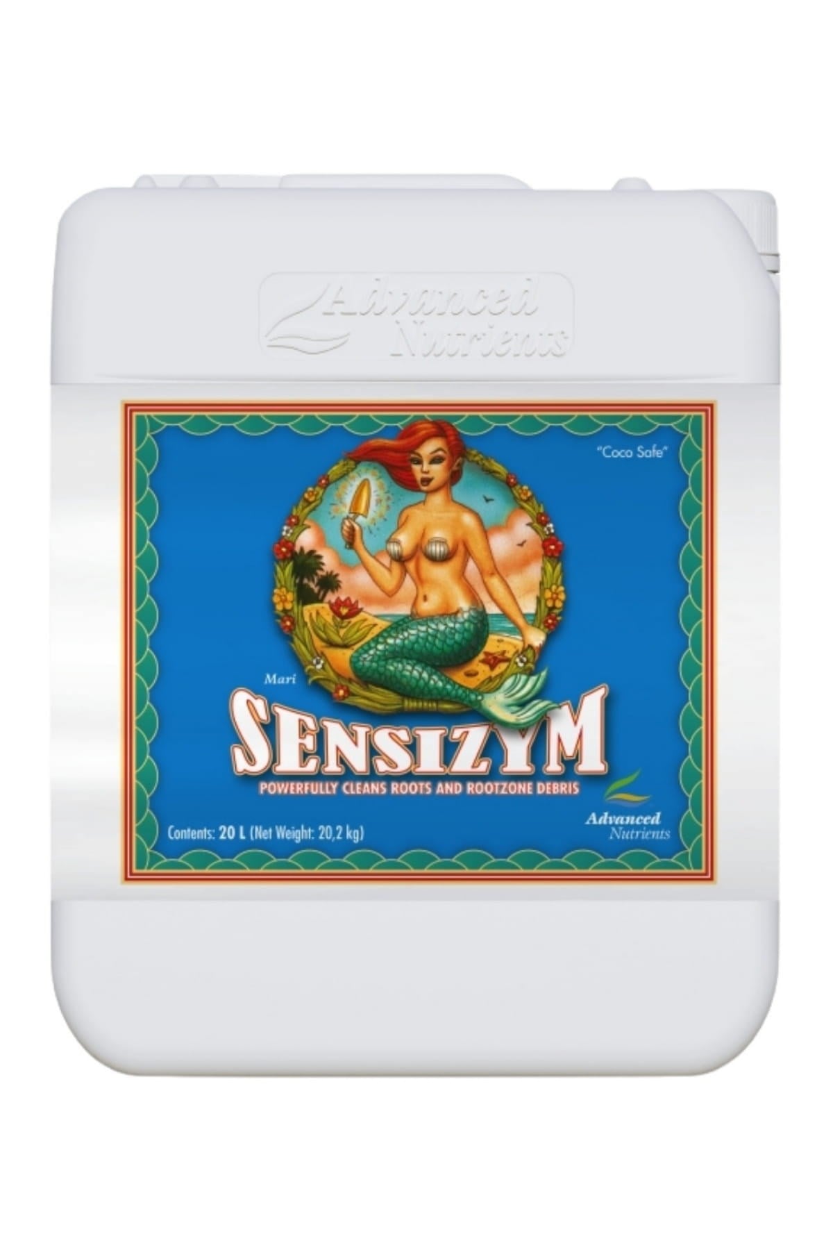 Sensizym 20 litre beyaz bidon – mavi etiket, yeşil çerçeveli deniz kızı görseli, büyük gövde, kapaklı
