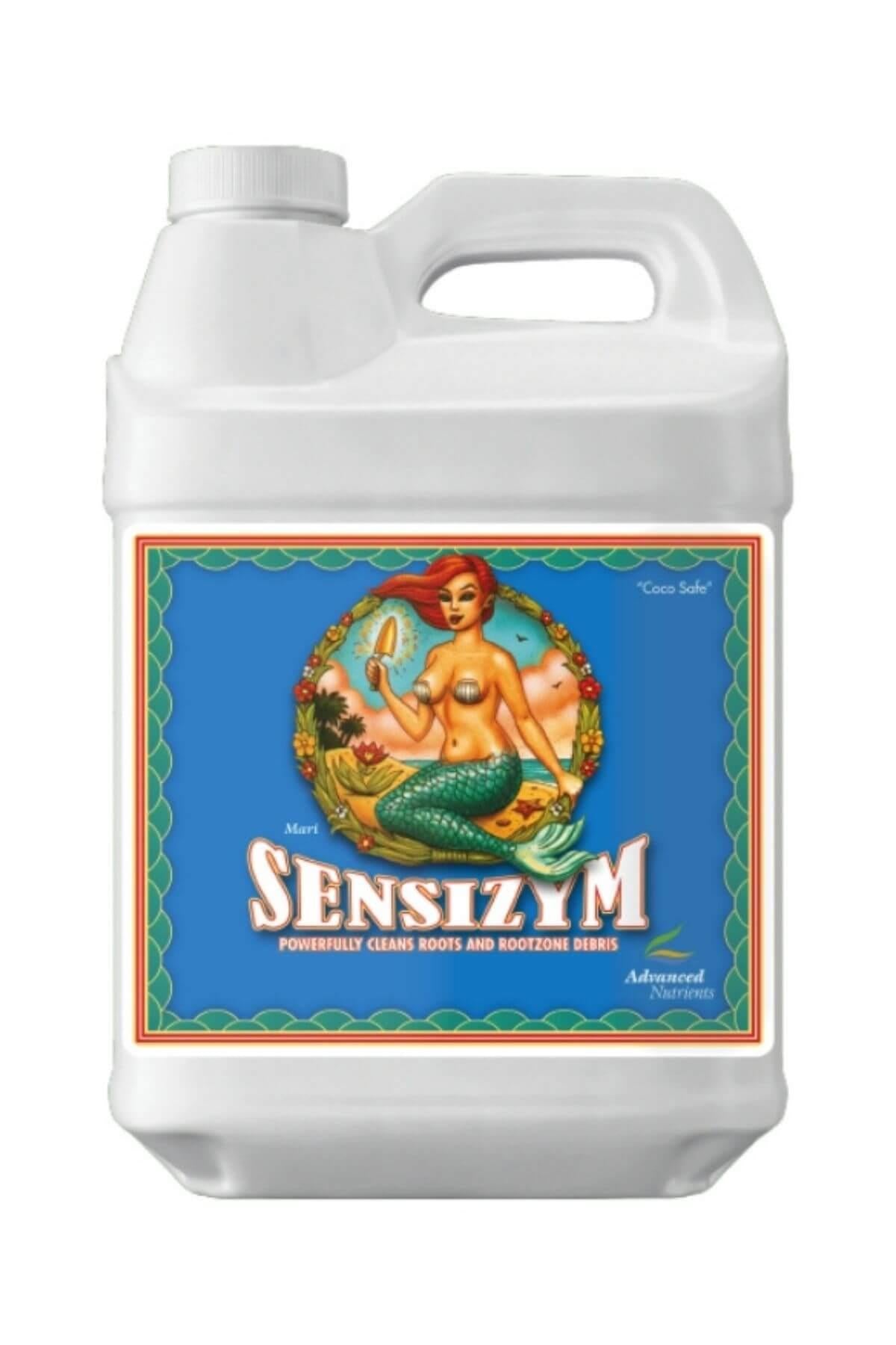 Sensizym 250 ml beyaz plastik bidon – mavi etiket, yeşil çerçeve ve deniz kızı figürlü ön tasarım