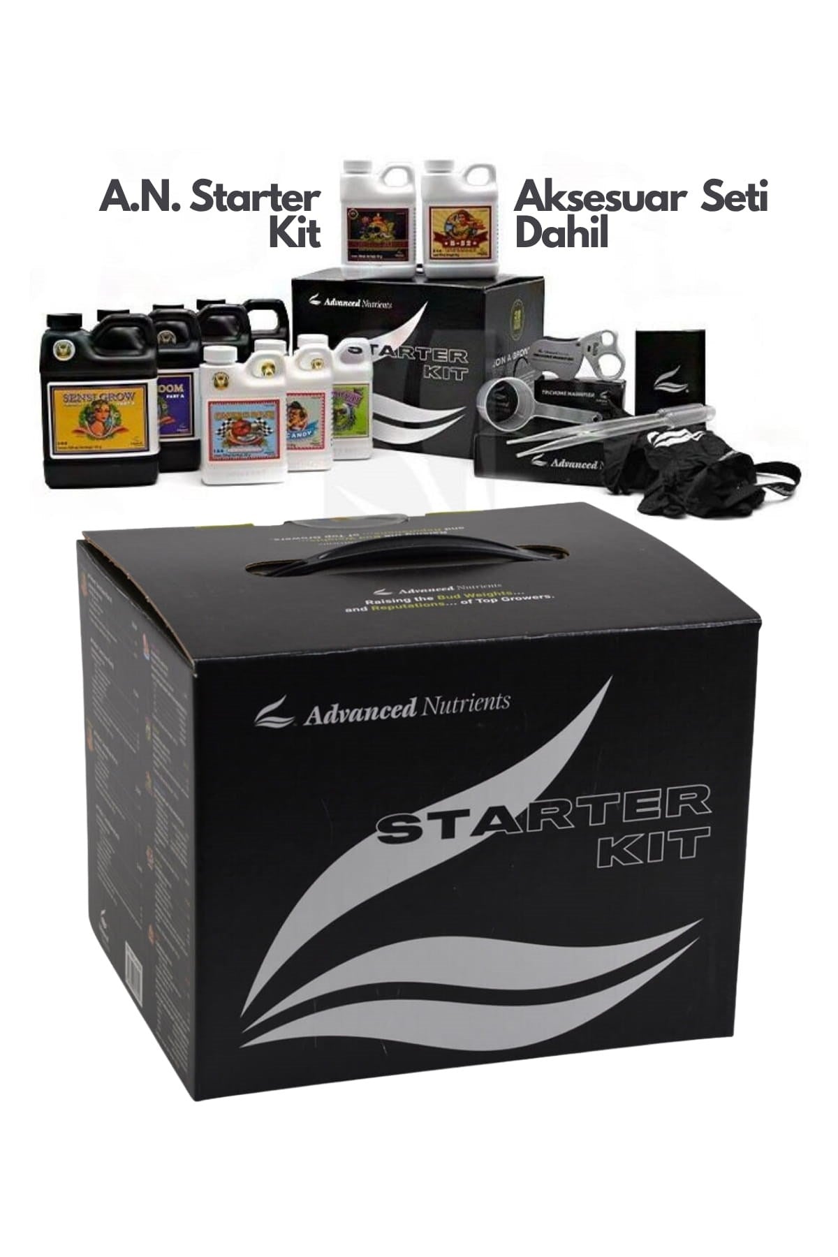 Advanced Nutrients Starter Kit – siyah kutu ve yanında besin şişeleri, büyüteç, ölçü kabı ve pipetler