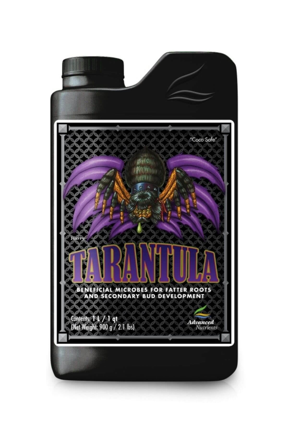 Tarantula 1 litre siyah şişe – koyu zeminli etiket, mor kanatlı örümcek görseli, mor harfli ürün adı
