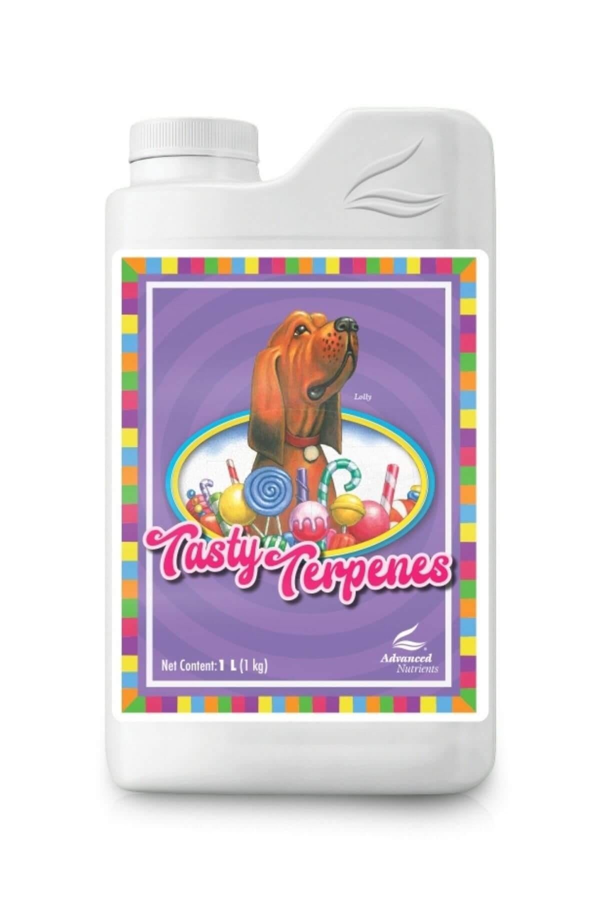 Tasty Terpenes 1 litre beyaz şişe – mor etiket, renkli kenarlı, köpek ve şeker çizimli ön yüz
