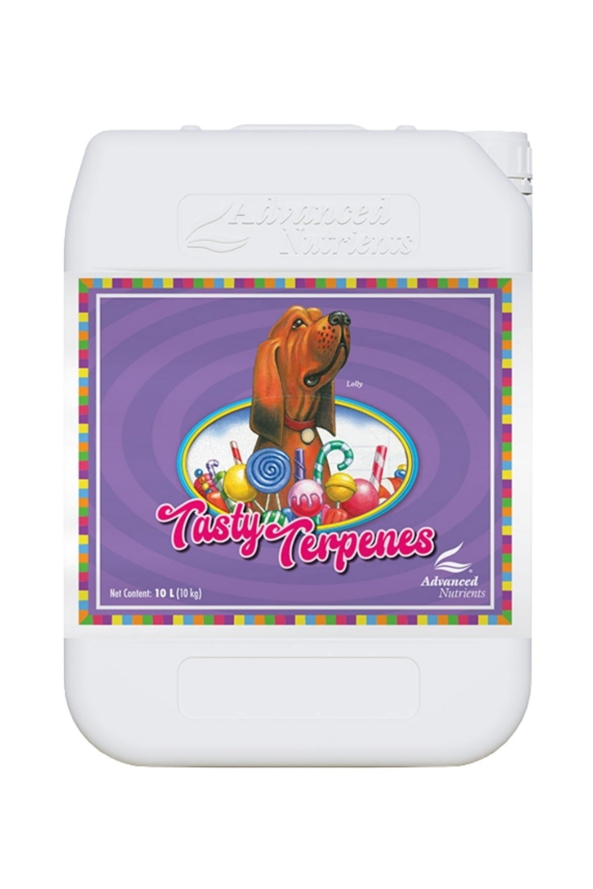 Tasty Terpenes 10 litre beyaz bidon – mor etiket, renkli kenarlı köpek çizimi, kulplu geniş gövde