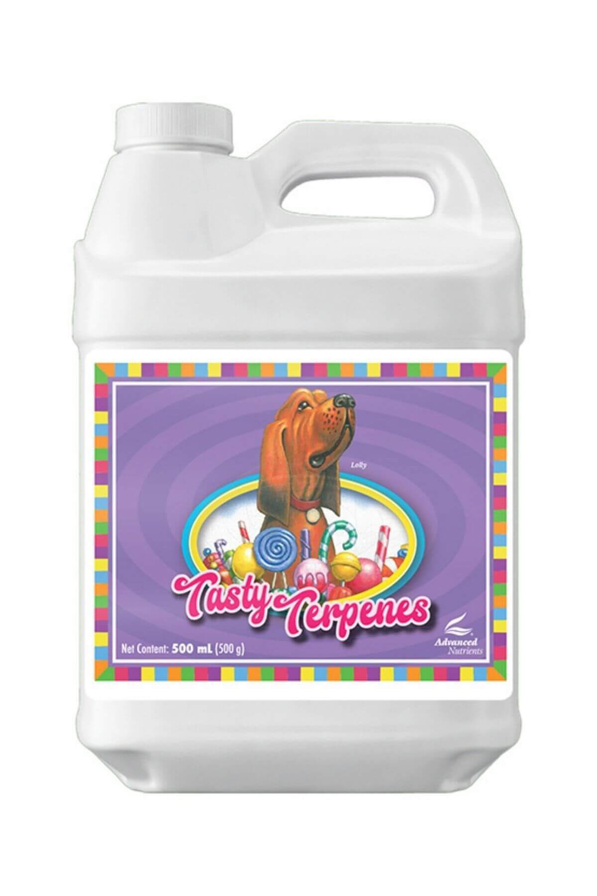 Tasty Terpenes 500 ml beyaz bidon – mor etiket, renkli çerçeve, köpek ve şeker figürlü çizim, kulplu