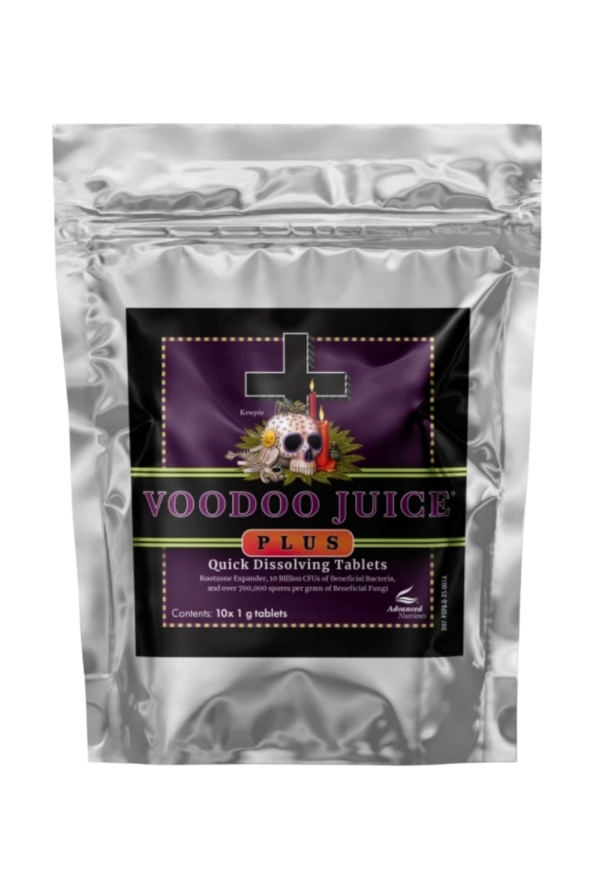 Voodoo Juice Plus Tablet 10x1 gr gümüş folyo ambalaj – siyah mor etiket, kuru kafa çizimli ön tasarım