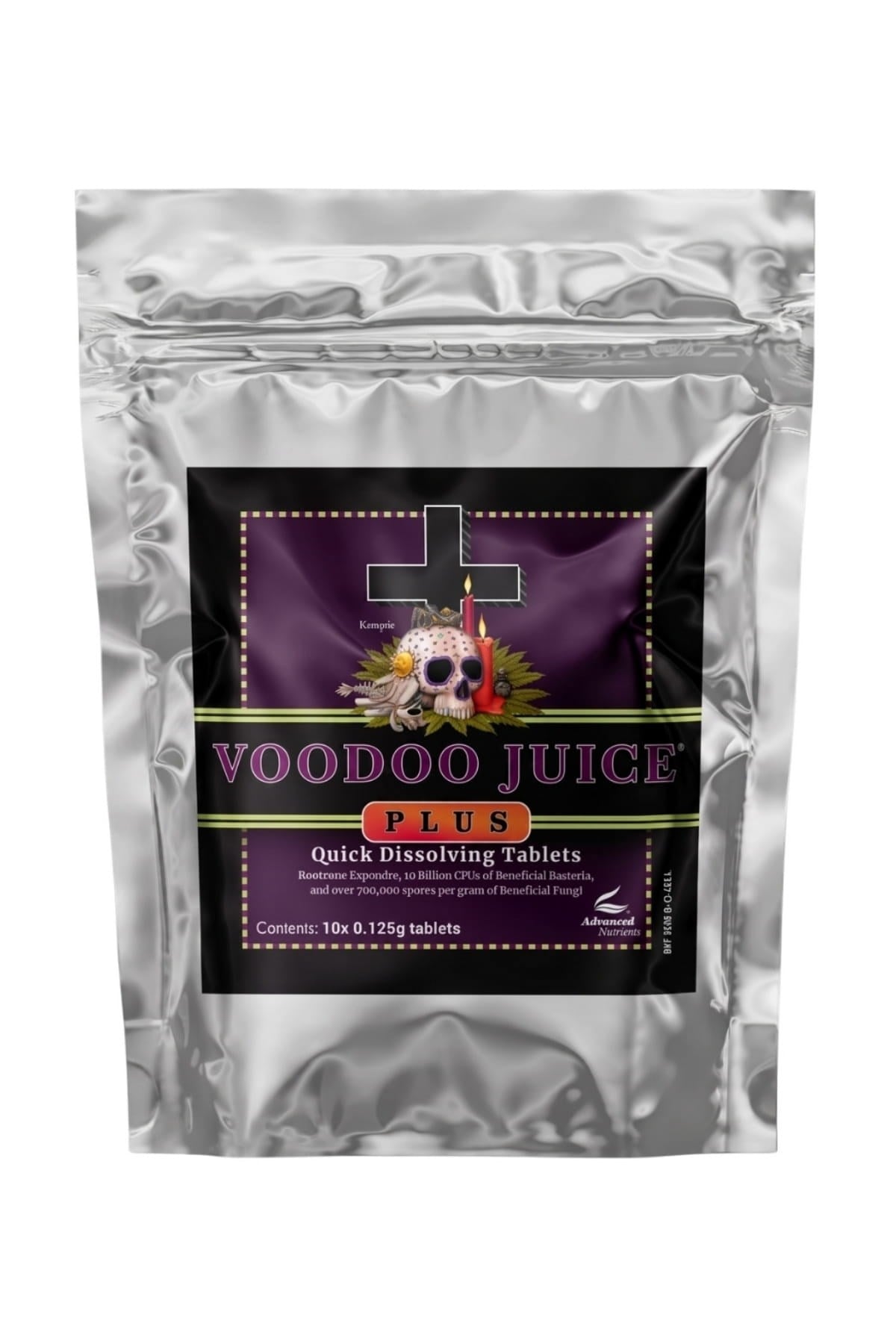 Voodoo Juice Plus Tablet 10x0,125 gr gümüş folyo ambalaj – siyah mor etiket, kuru kafa figürlü ön yüz