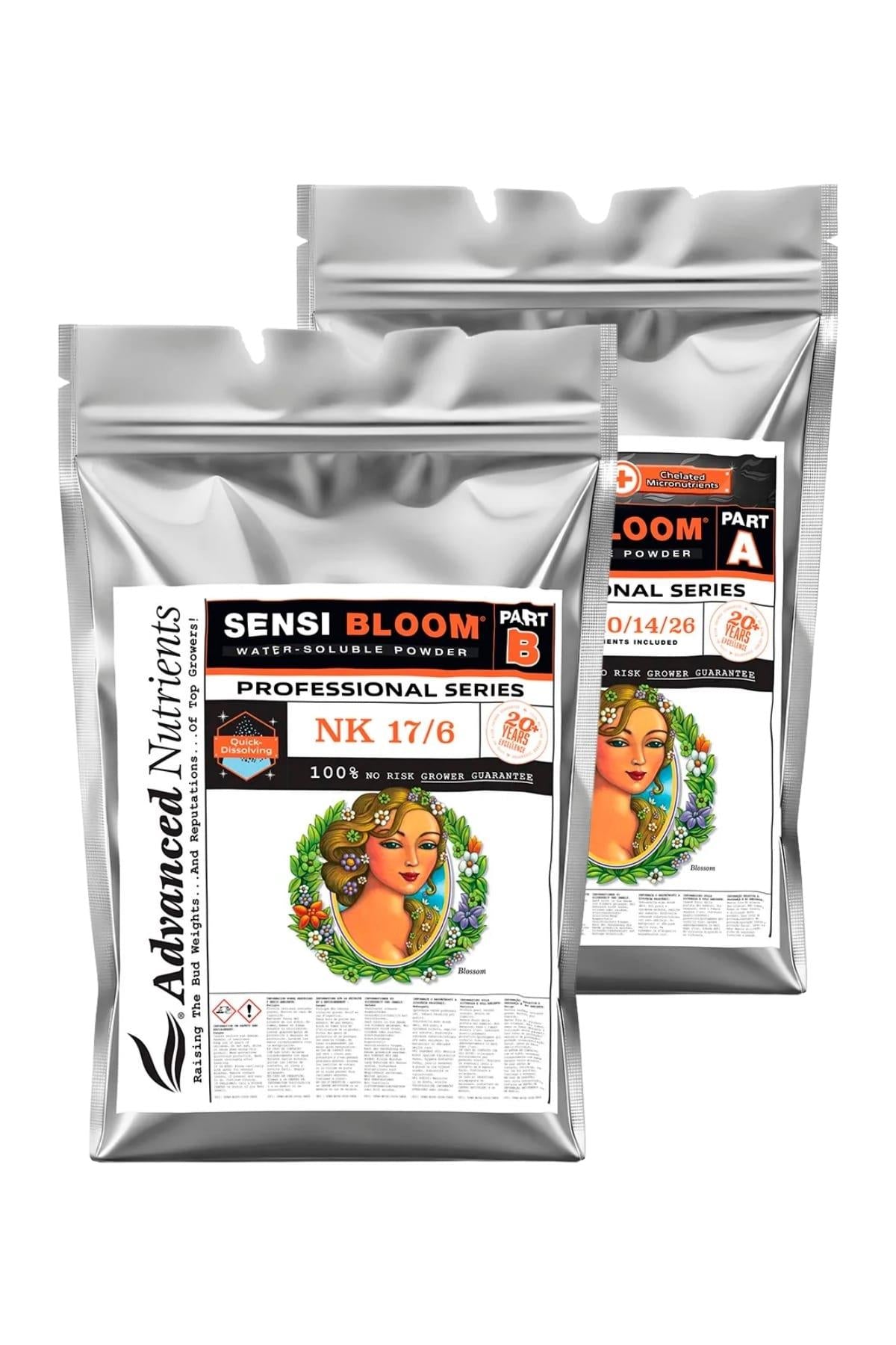 WSP Sensi Bloom A-B Pro 1 kg gümüş folyo ambalajlar – beyaz etiketli iki paket, portreli seri tasarımı
